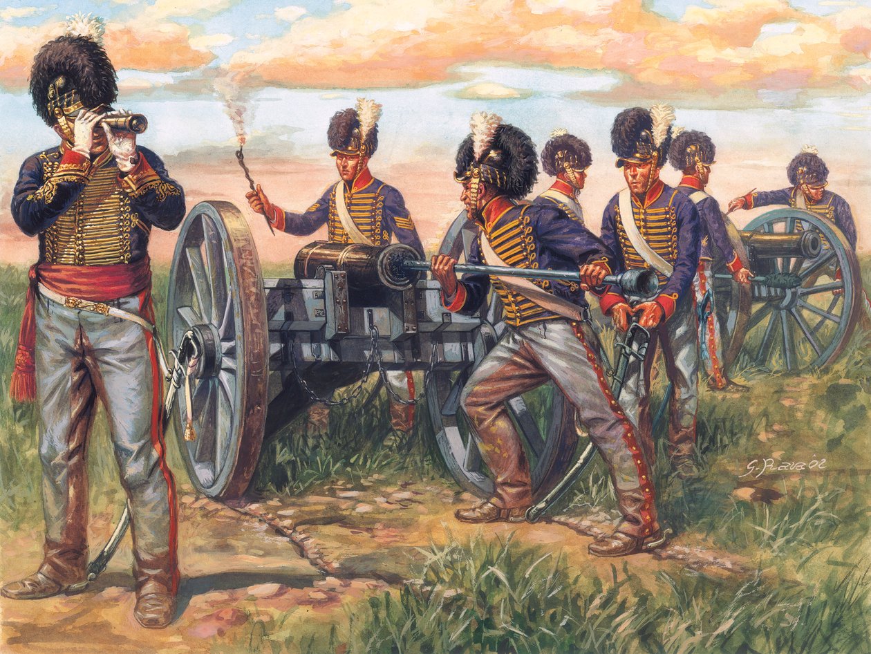 Pierwsze imperium: Angielscy artylerzyści ładujący armatę podczas bitwy pod Waterloo w 1815 roku - Pierwsze imperium: żołnierze armii brytyjskiej ładujący armatę podczas bitwy pod Waterloo w 1815 roku - Ilustracja autorstwa Giuseppe Rava autorstwa Giuseppe Rava