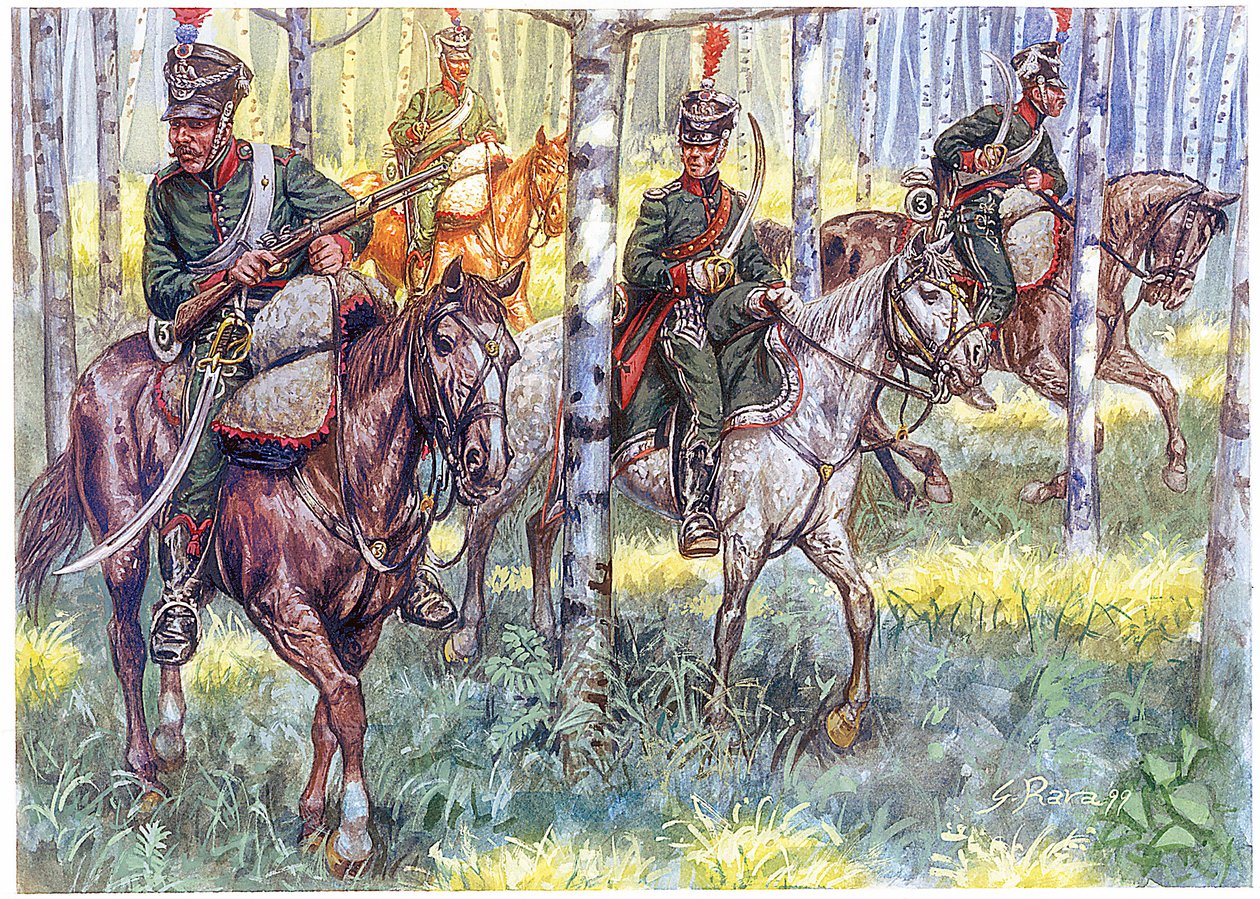 Pierwsze Imperium: Łowcy konni Wielkiej Armii Napoleona I Patrol - Ilustracja Giuseppe Rava autorstwa Giuseppe Rava