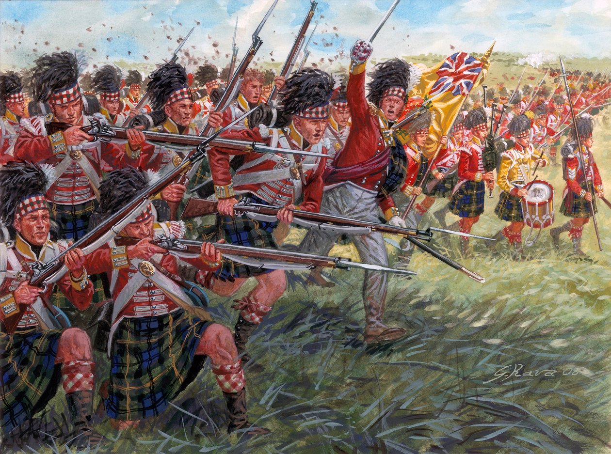 Pierwsze Imperium: Szarża szkockiej piechoty w bitwie pod Waterloo autorstwa Giuseppe Rava
