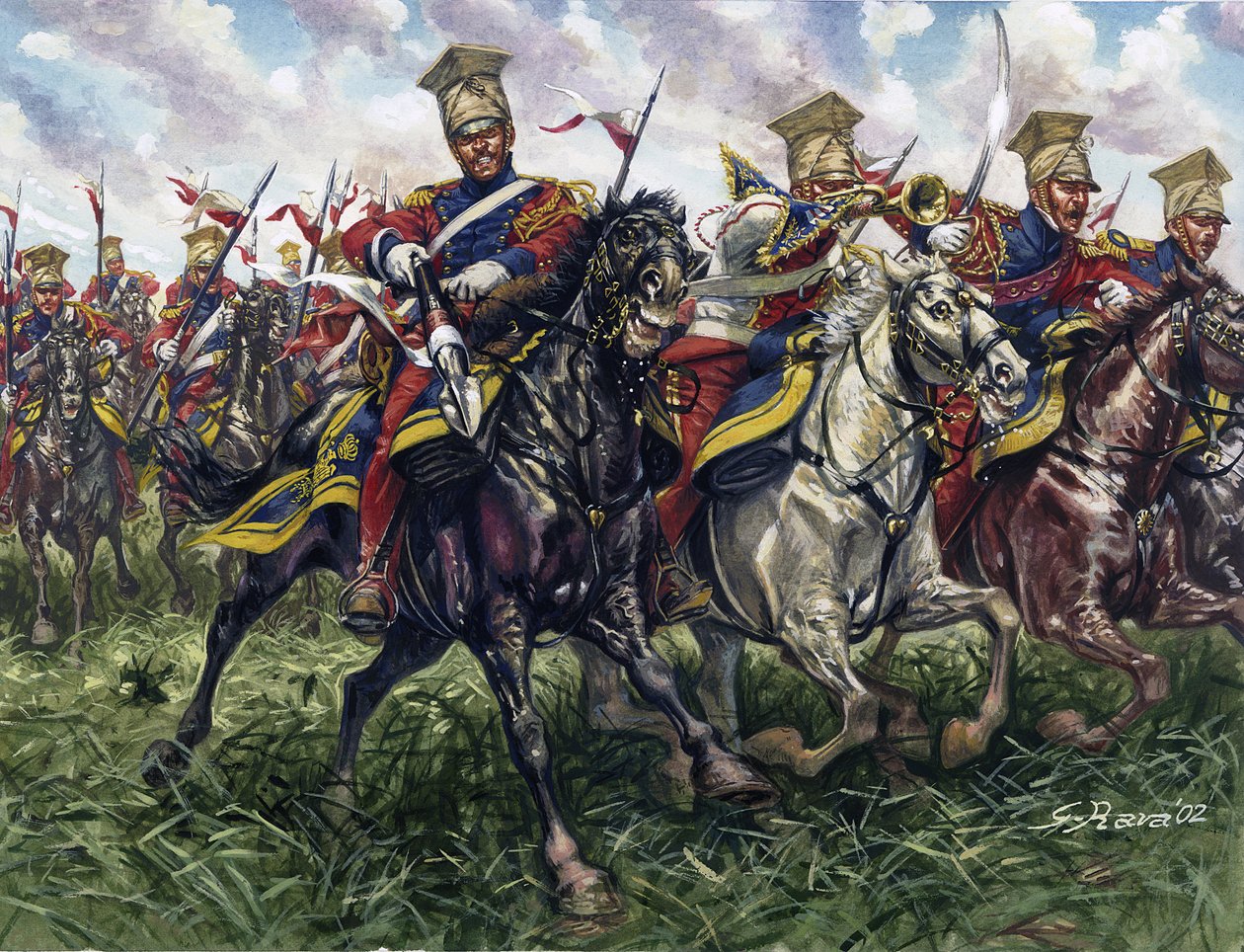 Pierwsze cesarstwo: czerwoni lansjerzy lub pułk legionistów konnych gwardii cesarskiej podczas bitwy pod Waterloo 18.06.1815 r. - Pierwsze cesarstwo: 2. pułk lekkich lansjerów gwardii cesarskiej (czerwoni lansjerzy lub czerwoni lansjerzy) podczas bitwy pod autorstwa Giuseppe Rava
