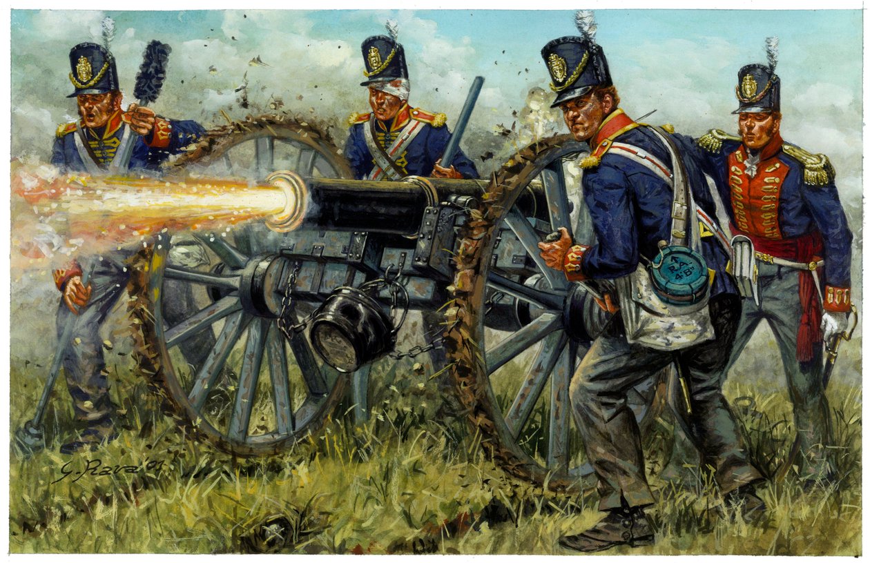 Pierwsze Imperium: Królewska Artyleria Piesza podczas bitwy pod Waterloo 18 czerwca 1815 r. - ilustracja autorstwa Giuseppe Ravy autorstwa Giuseppe Rava