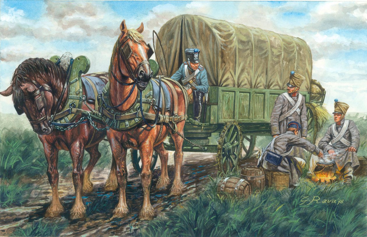 Pierwsze cesarstwo: powóz do transportu żywności francuskiego pułku - Pierwsze cesarstwo: Francuski powóz do transportu żywności - Ilustracja autorstwa Giuseppe Rava autorstwa Giuseppe Rava