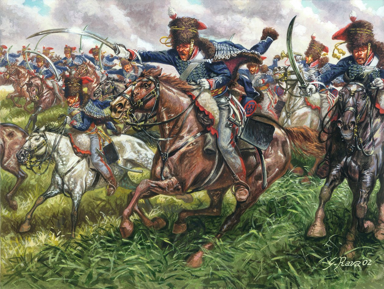 Pierwsze imperium: szarża 15. pułku angielskich dragonów w bitwie pod Waterloo 18 czerwca 1815 roku - Pierwsze imperium: szarża 15. pułku brytyjskich dragonów w Waterloo 18 czerwca 1815 roku - Ilustracja autorstwa Giuseppe Ravy autorstwa Giuseppe Rava