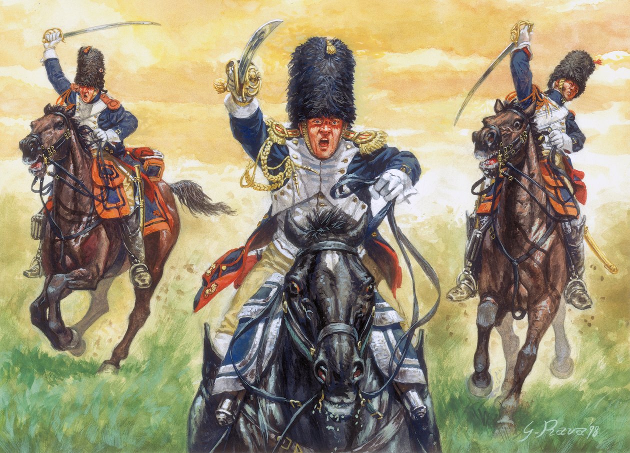 Pierwsze Cesarstwo: szarża grenadierów konnych Gwardii Cesarskiej Napoleona I w bitwie pod Eylau 8/02/1807 - Wojna Czwartej Koalicji: Bitwa pod Eylau (lub bitwa pod Preussisch-Eylau), 7 i 8 lutego 1807 r., szarża gwardii Gr autorstwa Giuseppe Rava
