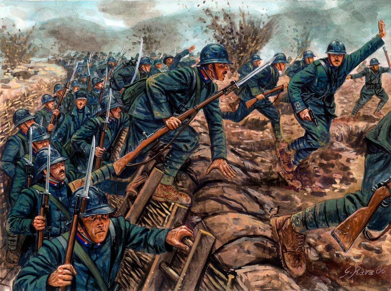 Pierwsza wojna światowa: szturm włoskiej piechoty - I wojna światowa: włoscy żołnierze szarżujący z okopu - ilustracja Giuseppe Ravy autorstwa Giuseppe Rava