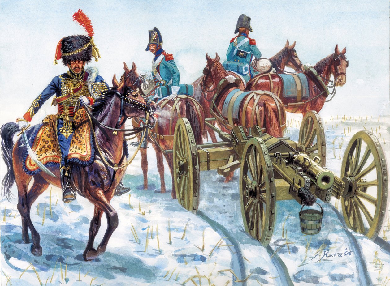 Pierwsze cesarstwo (1804-1814): holowanie artylerii Wielkiej Armii po śniegu - Pierwsze cesarstwo: holowanie artylerii po śniegu przez kawalerię Wielkiej Armii - Ilustracja Giuseppe Rava autorstwa Giuseppe Rava