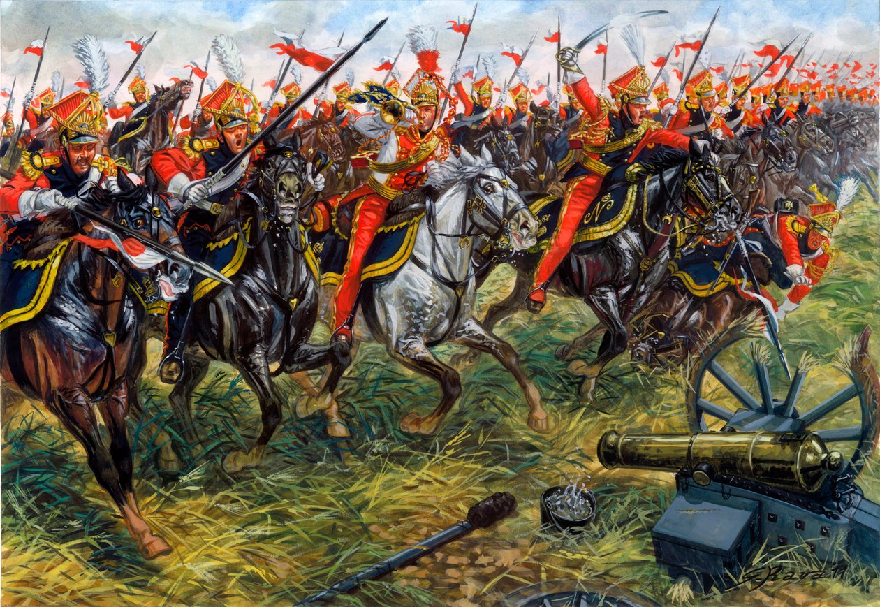 Pierwsze cesarstwo: 2. pułk lansjerów konnych gwardii cesarskiej Napoleona I w bitwie pod Waterloo 18 czerwca 1815 r. - Pierwsze cesarstwo: 2. pułk lansjerów lekkiej kawalerii gwardii cesarskiej Napoleona I w Waterloo 18 czerwca 1815 r. - Illustratio autorstwa Giuseppe Rava