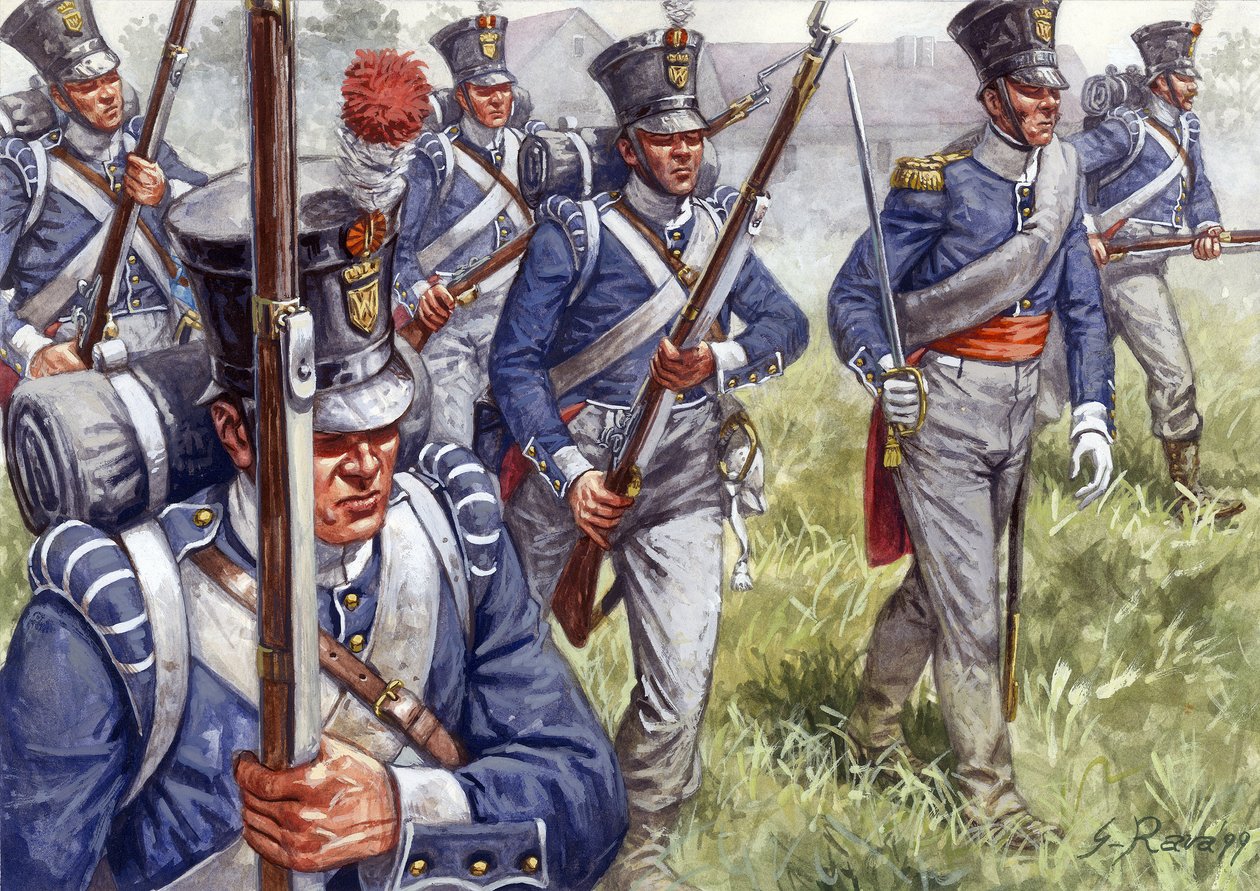 Pierwsze cesarstwo: piechota belgijska lub holenderska około 1815 roku - Pierwsze cesarstwo: piechota belgijska lub holenderska - Ilustracja autorstwa Giuseppe Rava autorstwa Giuseppe Rava