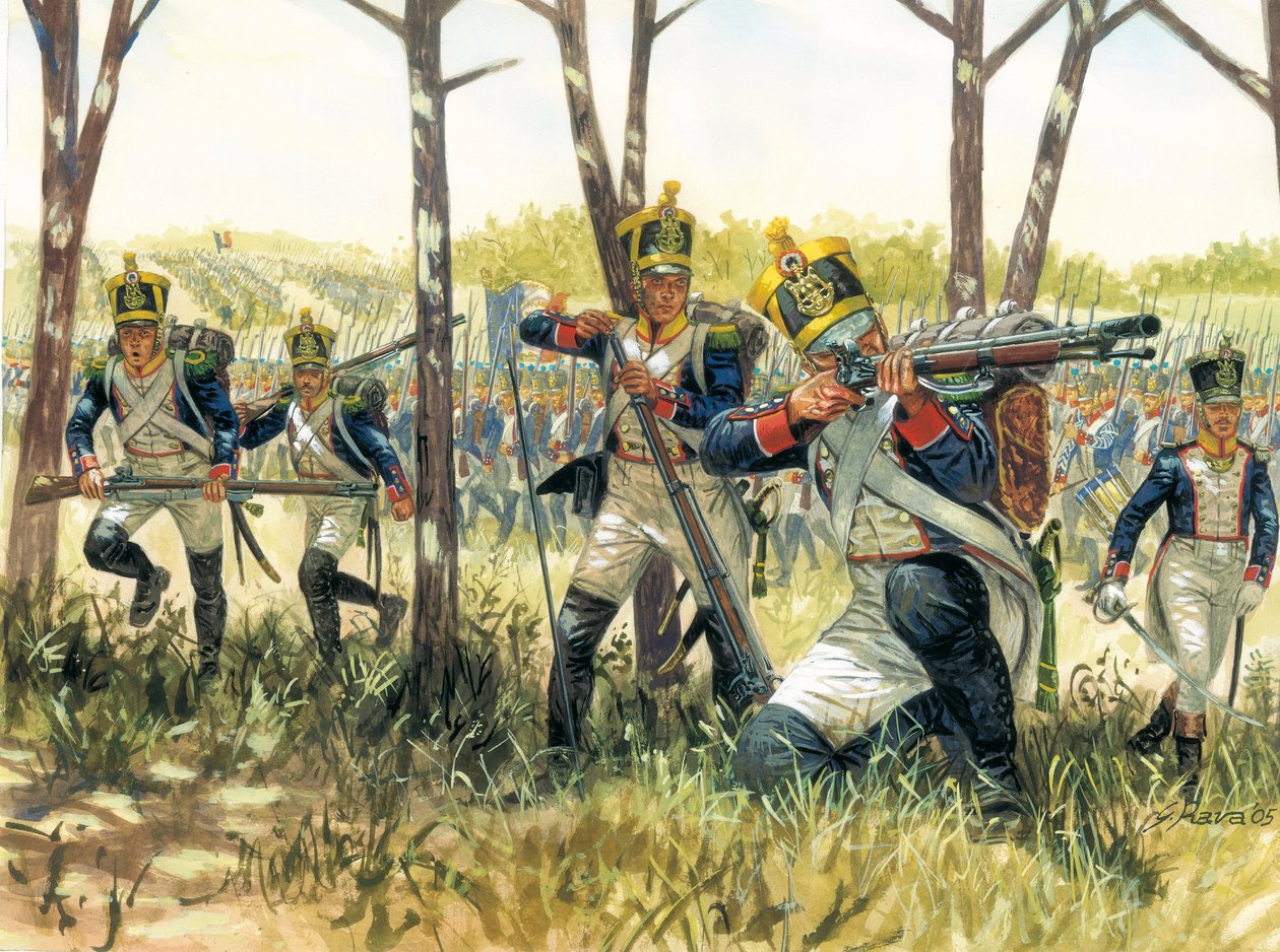 Pierwsze imperium: Francuscy woltyżerowie piechoty - Pierwsze imperium: Francuscy woltyżerowie potyczek - Ilustracja Giuseppe Rava autorstwa Giuseppe Rava