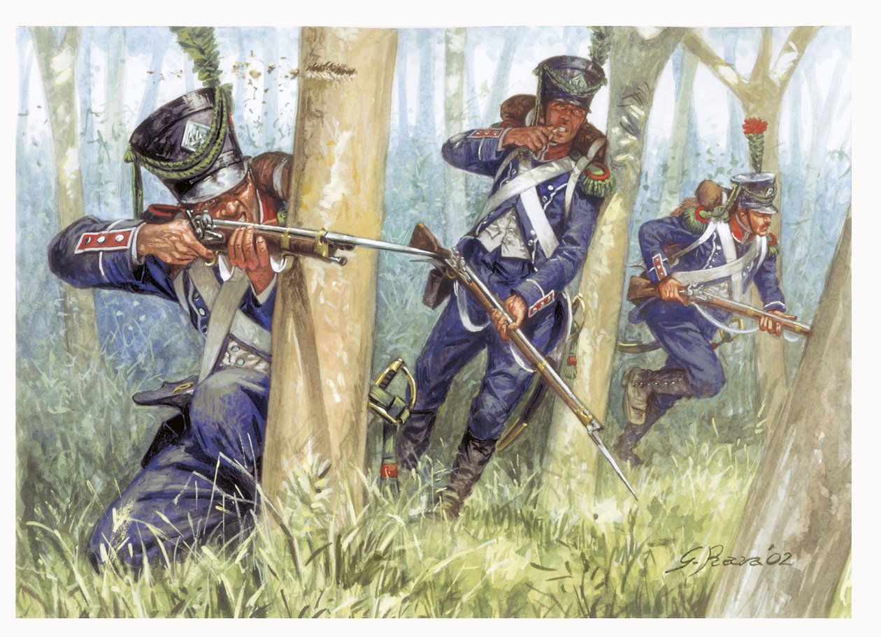 Pierwsze imperium: Żołnierze lekkiej piechoty w lesie - Pierwsze cesarstwo: Lekka piechota w lesie - Ilustracja autorstwa Giuseppe Rava autorstwa Giuseppe Rava