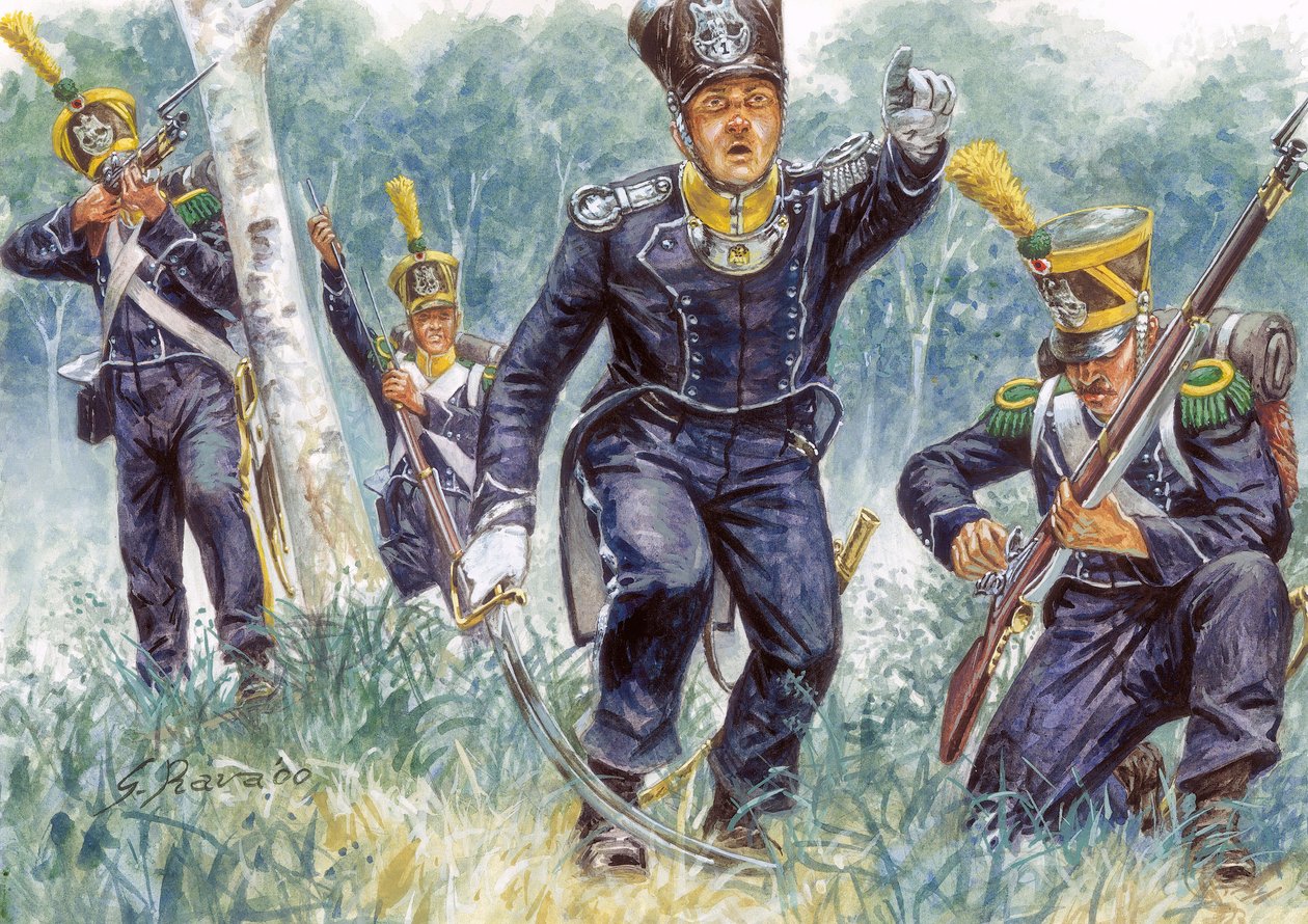 Pierwsze imperium: woltyżerowie lekkiej piechoty w lesie - Pierwsze imperium: Woltyżerowie lekkiej piechoty w lesie - Ilustracja autorstwa Giuseppe Rava autorstwa Giuseppe Rava