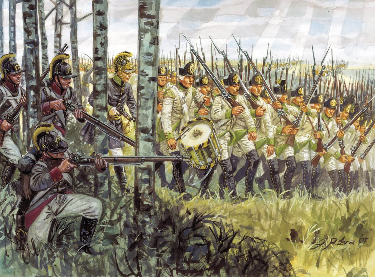 Pierwsze cesarstwo: żołnierze austriackiej piechoty w natarciu około 1798 - 1805 - Pierwsze cesarstwo: żołnierze austriackiej piechoty maszerujący autorstwa Giuseppe Rava