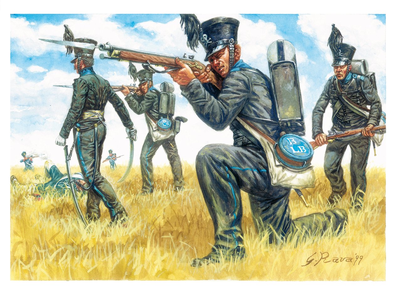 Pierwsze imperium: pułk piechoty Czarnych Brunszwickich - Pierwsze imperium: pułk piechoty batalionu Brunszwik Leib (ilustracja) autorstwa Giuseppe Rava