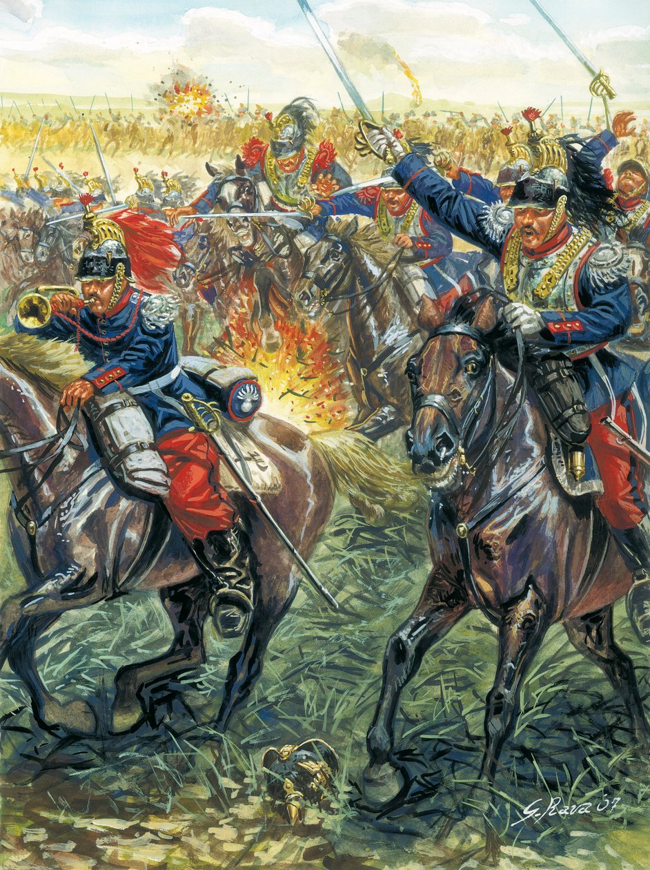 Wojna francusko-niemiecka 1870 r. (francusko-pruska): szarża francuskich pancerników w bitwie pod Froeschwiller Woerth (Froeschwiller-Woerth) 6.08.1870 r. - Wojna francusko-pruska: bitwa pod Worth (Reichshoffen lub Froschweiler) (1870): szarża francuskiej  autorstwa Giuseppe Rava