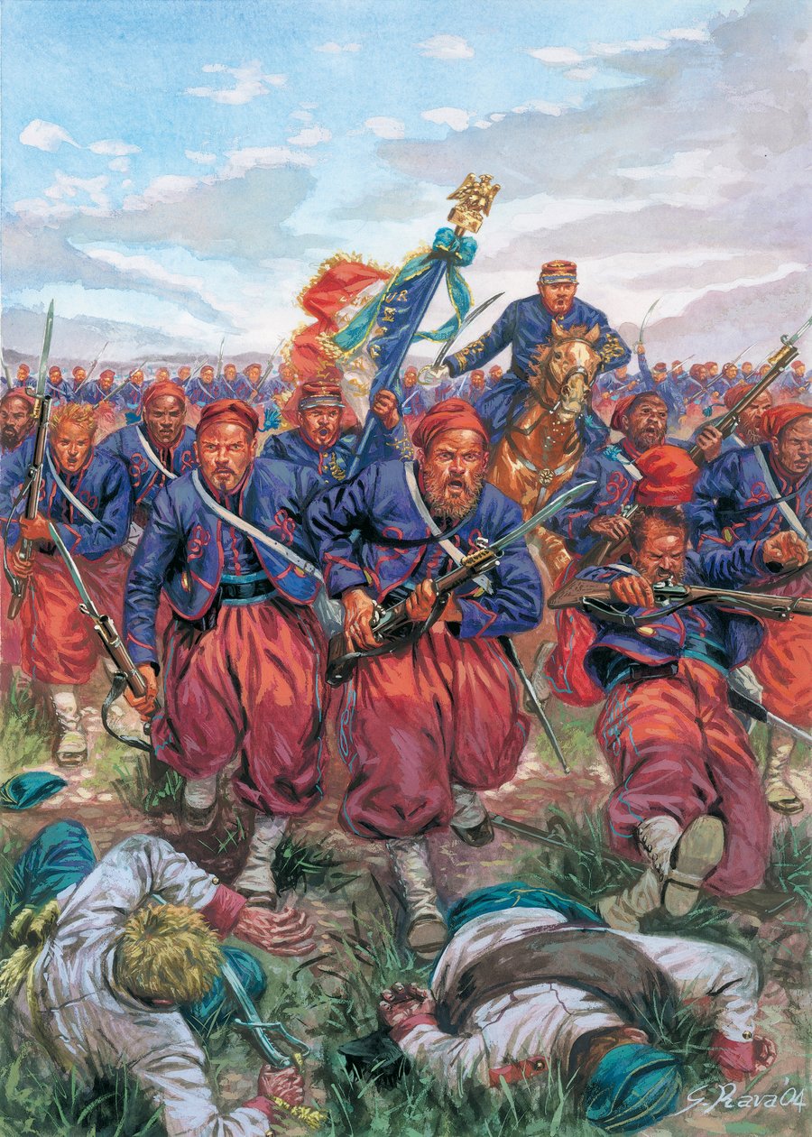 Kampania włoska 1859 r. (II wojna o niepodległość Włoch): szarża żuawów francuskiej armii Napoleona III podczas bitwy pod Solferino 24.06.1859 r. - II wojna o niepodległość Włoch (wojna francusko-austriacka, wojna austriacko-sardyńska, wojna austriacko-p autorstwa Giuseppe Rava