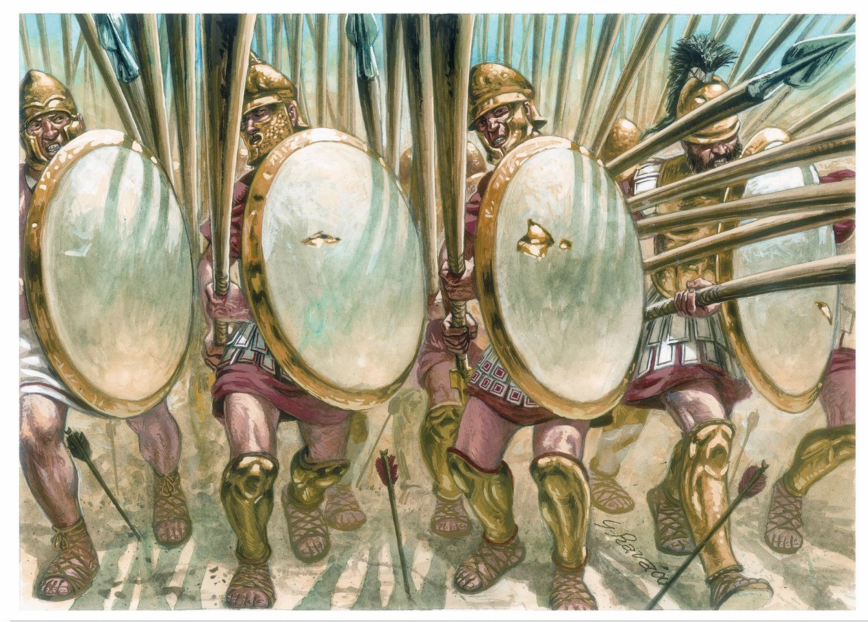 Królestwo Macedonii: szarża macedońskich falangitów - Szarża macedońskich falangitów - Ilustracja autorstwa Giuseppe Ravy autorstwa Giuseppe Rava