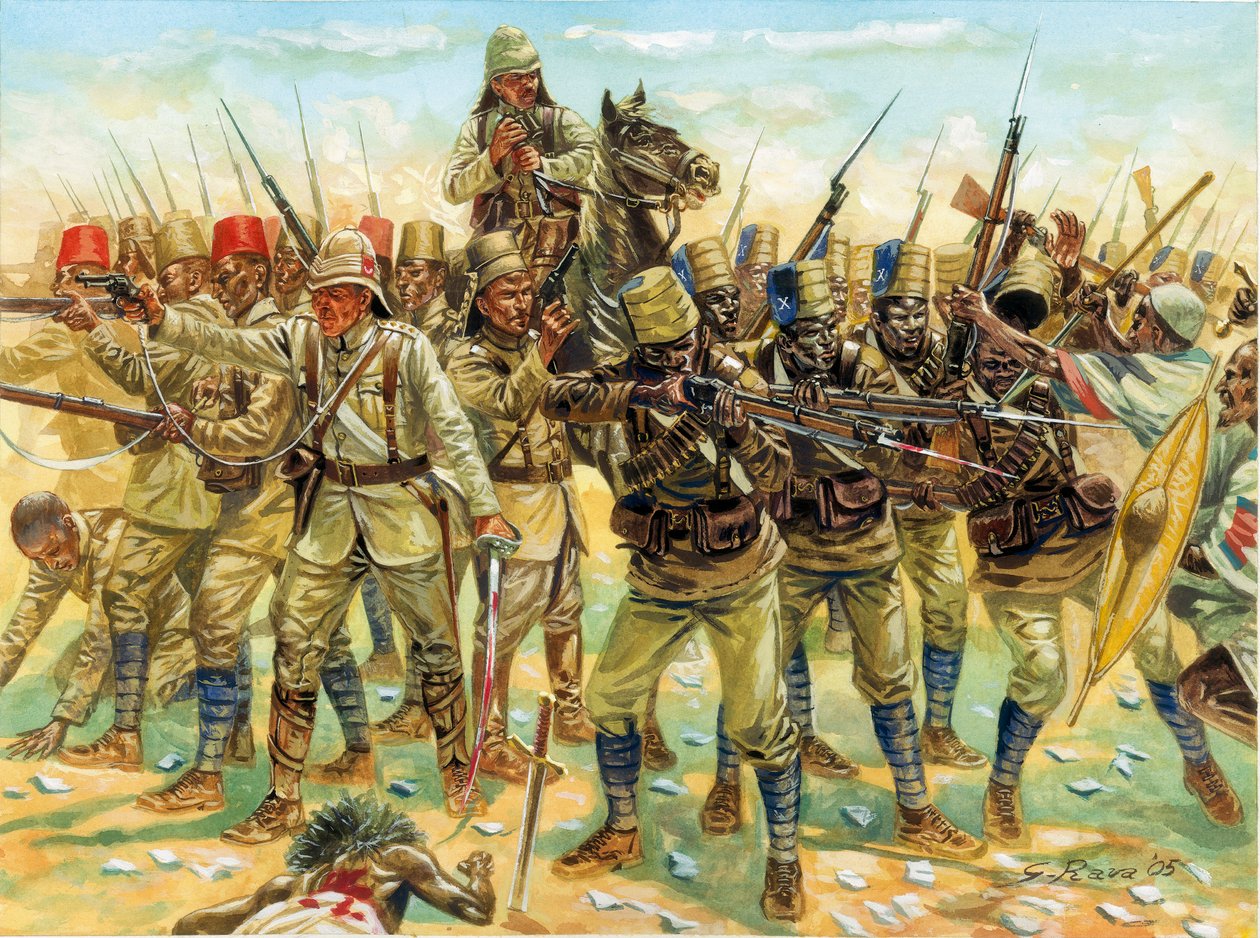 Wojna mahdystów (wojna sudańska) (1881-1899): siły obecne w bitwie pod Omdurmanem (po prawej stronie sudańscy derwisze, a po lewej armia anglo-egipska) w dniu 2 września 1898 r. - Wojna mahdystów (lub rewolta mahdystów): Bitwa pod Omdurmanem (2 września 18 autorstwa Giuseppe Rava