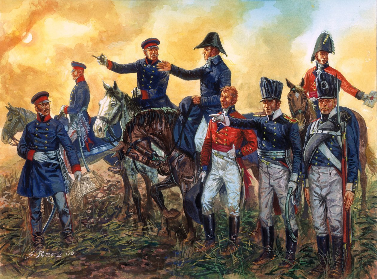 Wojna napoleońska: Arthur Wellesley, książę Wellington (1769-1852) dowodzący wojskami brytyjskimi i Gebhard Leberecht von Blucher (1742-1819) dowodzący armią pruską w bitwie pod Waterloo 18/06/1815 - (Wojny napoleońskie: dowódcy książę Wellington za autorstwa Giuseppe Rava