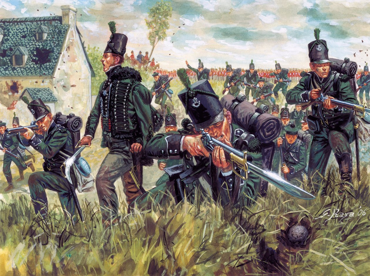 Wojna napoleońska: Brytyjscy strzelcy z 95 Pułku Strzelców bronią kamieniołomu piasku podczas bitwy pod Waterloo 18/06/1815 - (Wojny napoleońskie: Brytyjscy strzelcy broniący kamieniołomu piasku podczas bitwy pod Waterloo 18 czerwca 1815 r.) Ilustracja aut autorstwa Giuseppe Rava