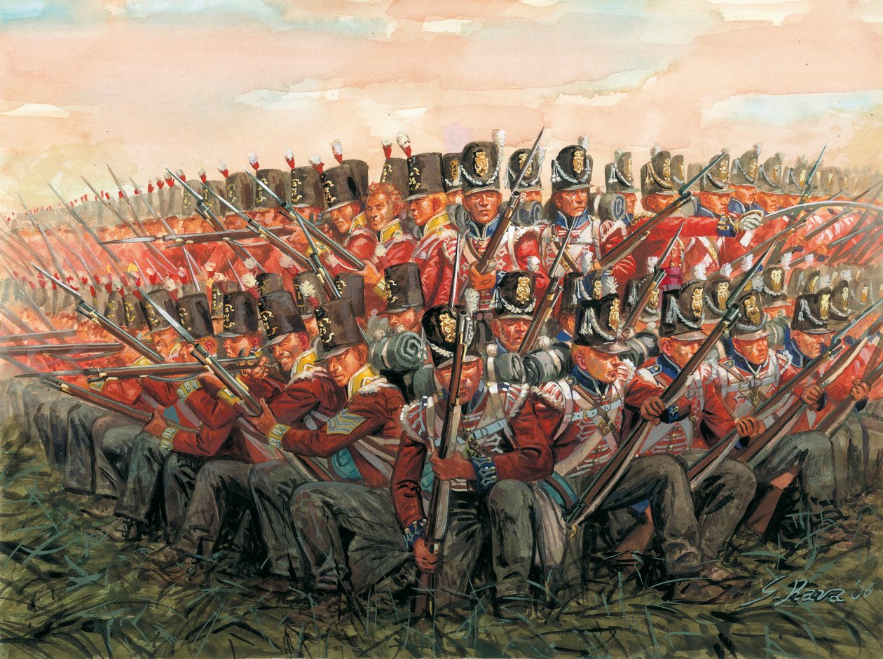 Wojny napoleońskie: angielscy żołnierze podczas bitwy pod Waterloo 18 czerwca 1815 r. Ilustracja Giuseppe Rava autorstwa Giuseppe Rava
