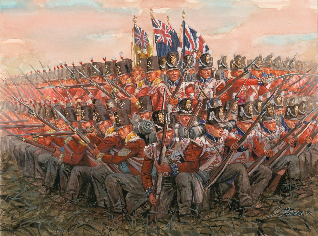 Wojny napoleońskie: angielscy żołnierze podczas bitwy pod Waterloo 18 czerwca 1815 r. Ilustracja Giuseppe Rava autorstwa Giuseppe Rava