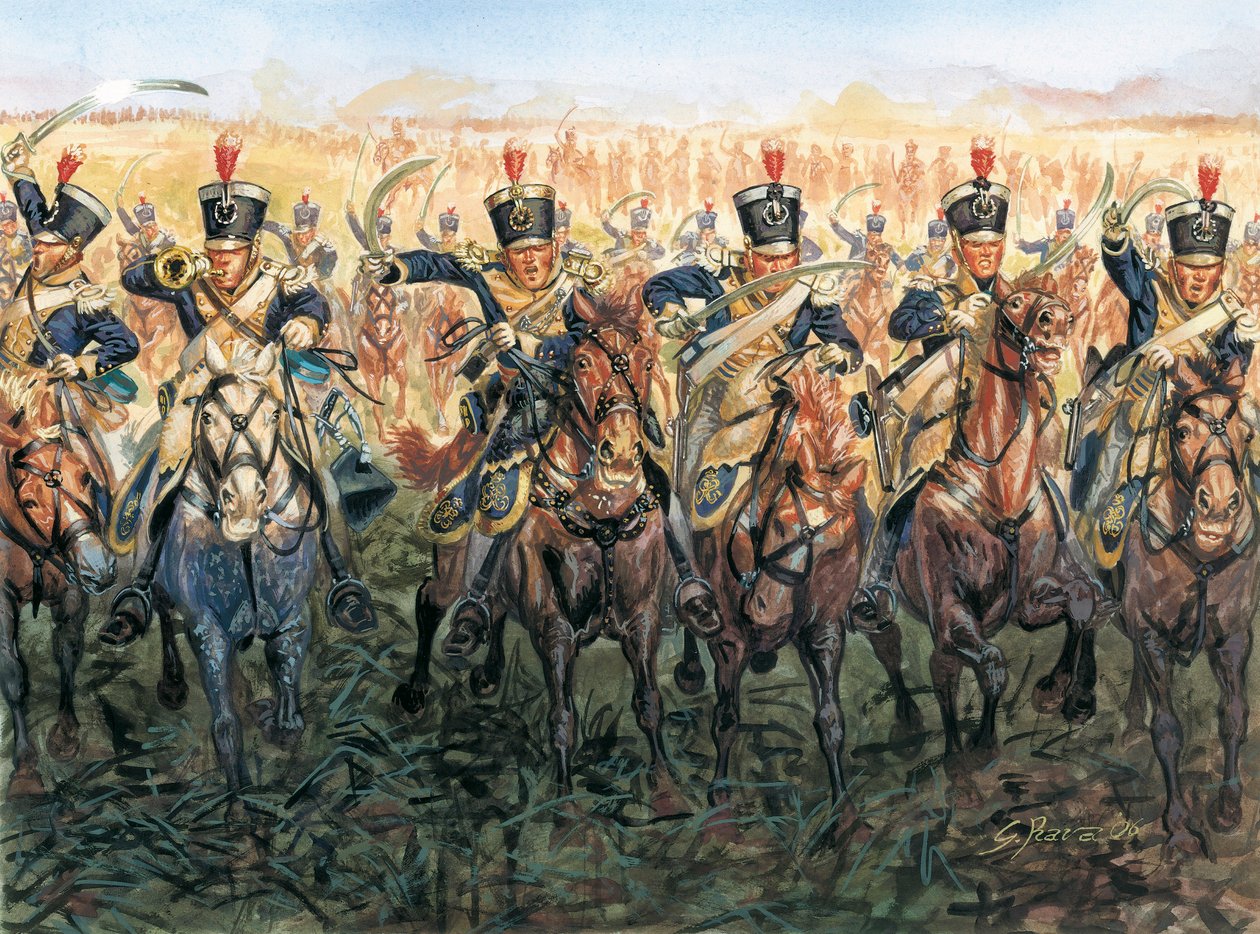 Wojny napoleońskie: angielska kawaleria szarżująca Ilustracja Giuseppe Rava autorstwa Giuseppe Rava