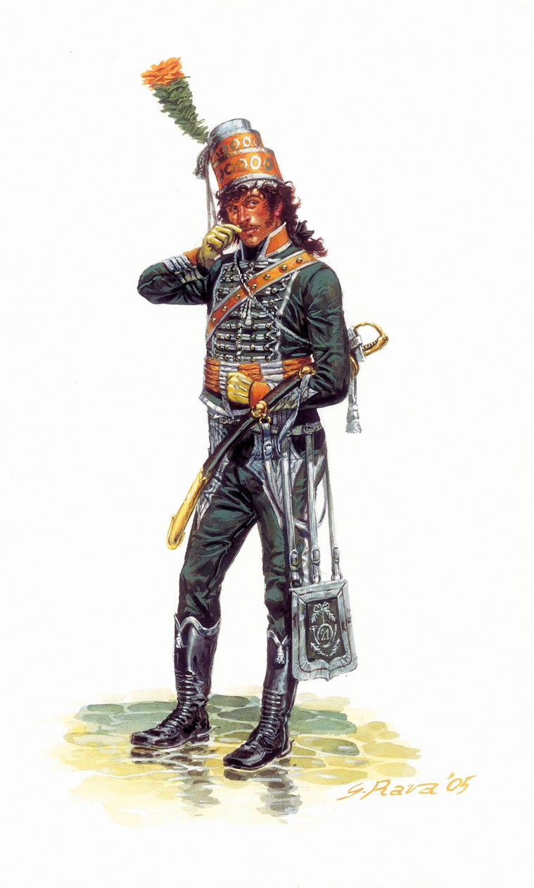 Portret młodego żołnierza Joachima Murata (1767-1815) w mundurze myśliwskim - Portret młodego żołnierza Joachima Murata w mundurze myśliwskim - Ilustracja Giuseppe Ravy autorstwa Giuseppe Rava