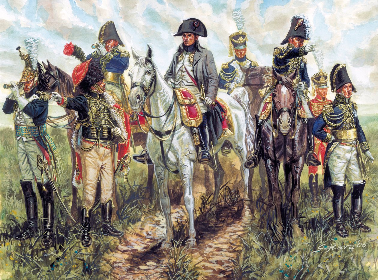 Portret Napoleona I (1769-1821) i jego sztabu - Portret cesarza Francuzów Napoleona I i jego sztabu - Ilustracja Giuseppe Rava autorstwa Giuseppe Rava