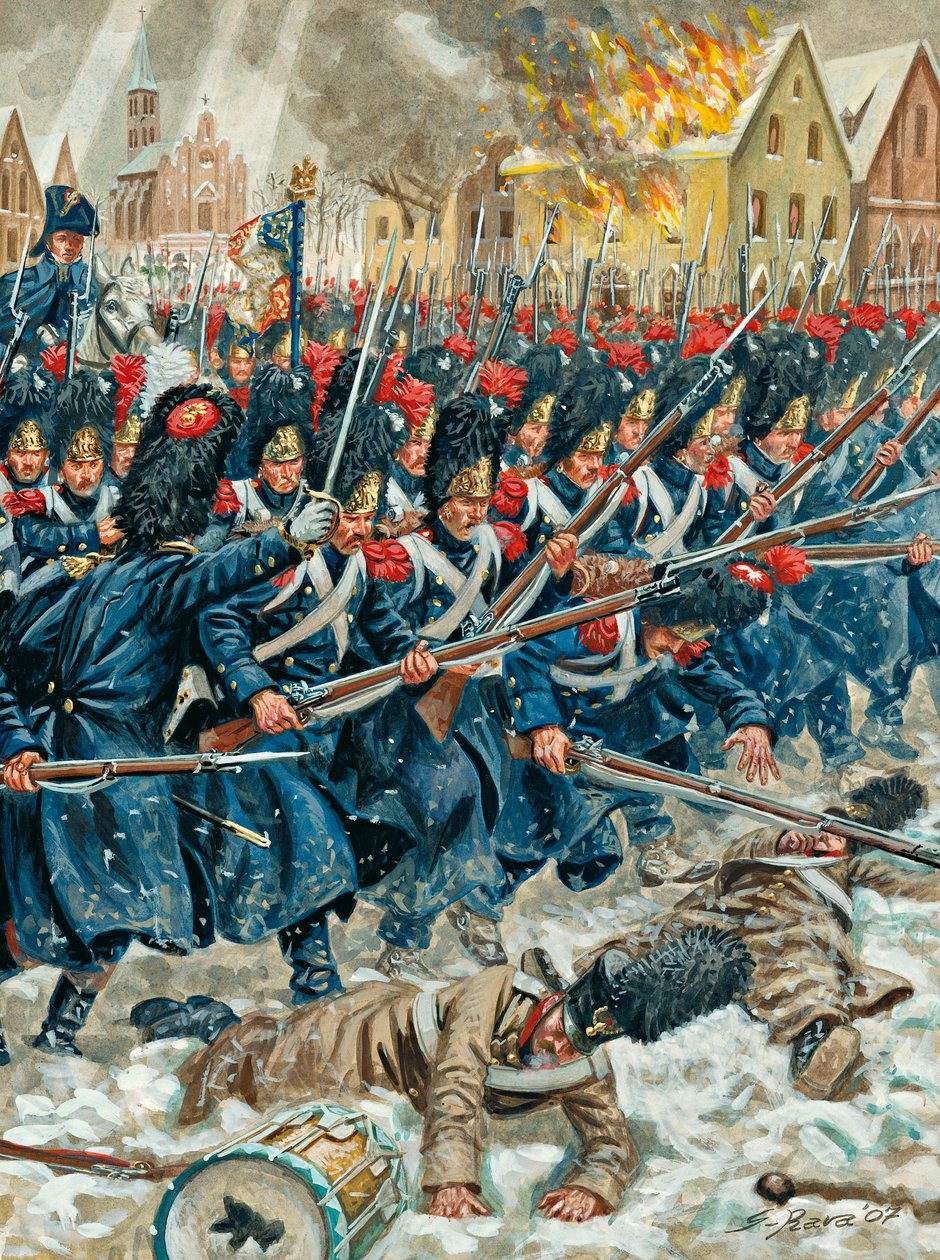 Kampania pruska: "Broń w ręku" Grenadierzy Gwardii Cesarskiej w bitwie pod Eylau 8/02/1807 - Kampania pruska: Bitwa pod Eylau (lub bitwa pod Preussisch-Eylau) w dniach 7 i 8 lutego 1807 r. pomiędzy napoleońską Grande Armee i rosyjską E autorstwa Giuseppe Rava