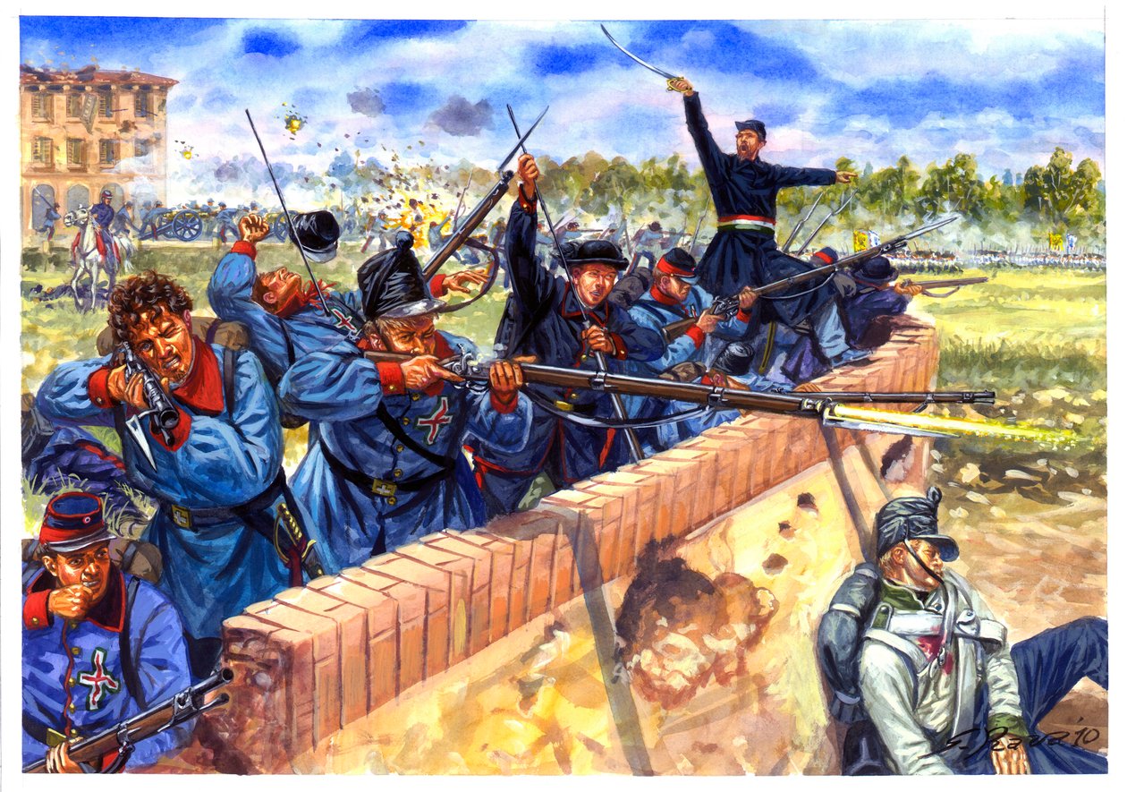 Risorgimento, pierwsza włoska wojna o niepodległość, włoscy studenci podczas bitwy pod Curtatone i Montanara 29.05.1848 - Pierwsza włoska wojna o niepodległość, włoscy studenci podczas bitwy pod Curtatone i Montanara, 29 maja 1848 - Ilustracja b autorstwa Giuseppe Rava