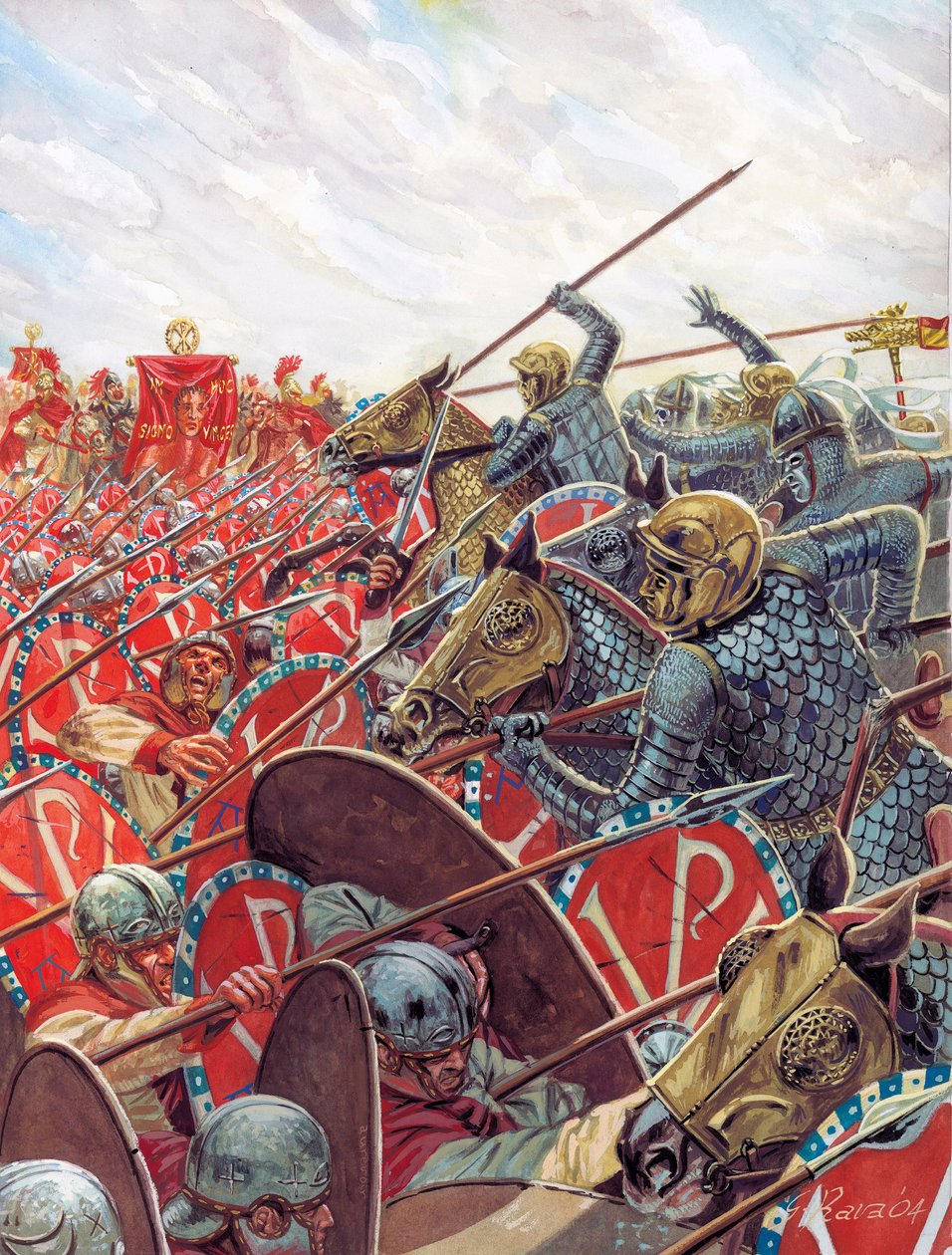 Roman Antiquite: Bitwa na Moście Milwijskim 28 października 312 r. pomiędzy Konstantynem i Maksencjuszem w pobliżu Rzymu, Włochy - Bitwa na Moście Milwijskim pomiędzy rzymskimi cesarzami Konstantynem I i Maksencjuszem 28 października 312 r. w pobliżu Rzymu autorstwa Giuseppe Rava