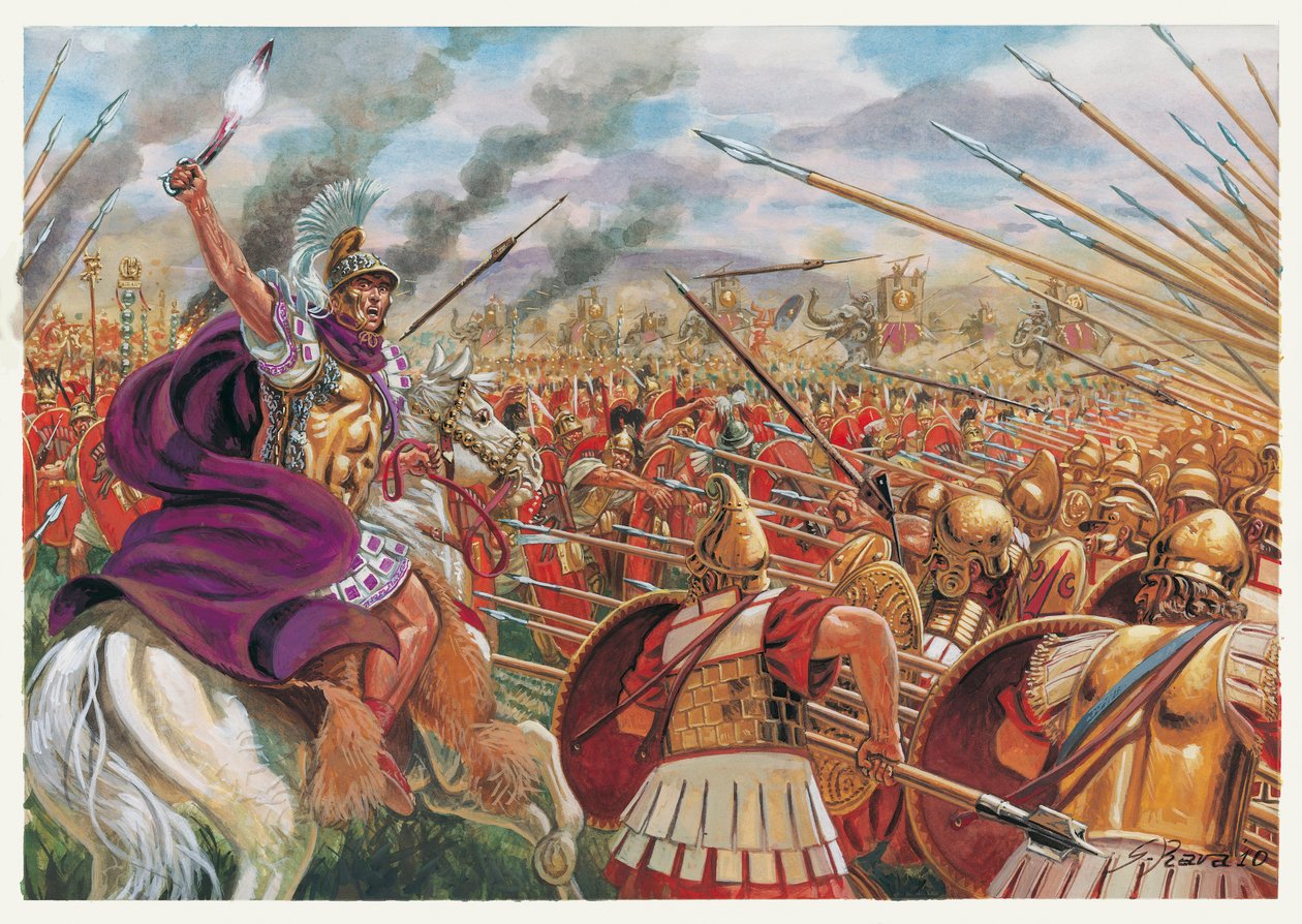 Roman Antiquite: bitwa pod Ausculum (279 r. p.n.e.) pomiędzy armią rzymską dowodzoną przez Publiusza Decjusza Musa a zwartymi oddziałami Epire, Taranto, Oscus, Samnites, pod dowództwem króla Epire Pyrrusa I - bitwa pod Asculum (279 r. p.n.e.) pomiędzy Rzym autorstwa Giuseppe Rava