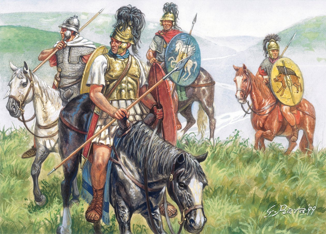 Roman antiquite (Republika): grupa rzymskich jeźdźców - Republika rzymska: rzymska kawaleria - Ilustracja autorstwa Giuseppe Rava autorstwa Giuseppe Rava