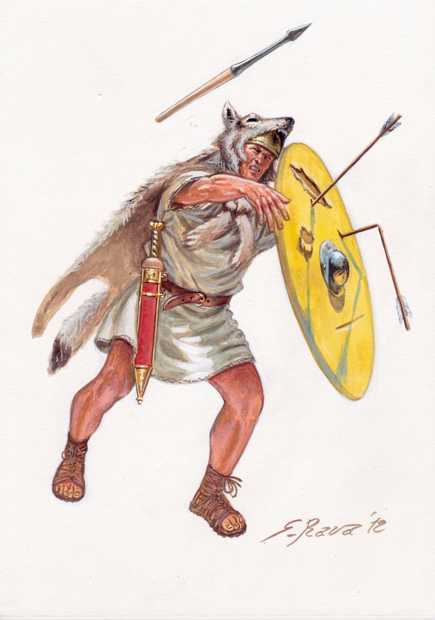 Roman antiquite (Republika): velite (lekki piechur z biednych wieków) armii rzymskiej - velites z republiki rzymskiej - Ilustracja Giuseppe Rava autorstwa Giuseppe Rava