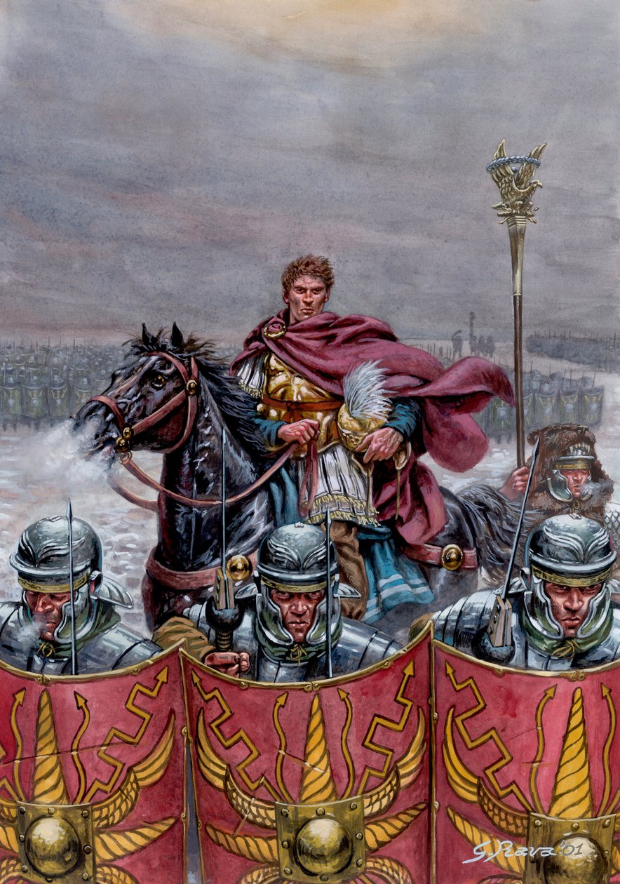 Rzymski antyk: Armia rzymska w pobliżu muru Hadriana w Szkocji, II wiek n.e. - Ilustracja Giuseppe Rava autorstwa Giuseppe Rava