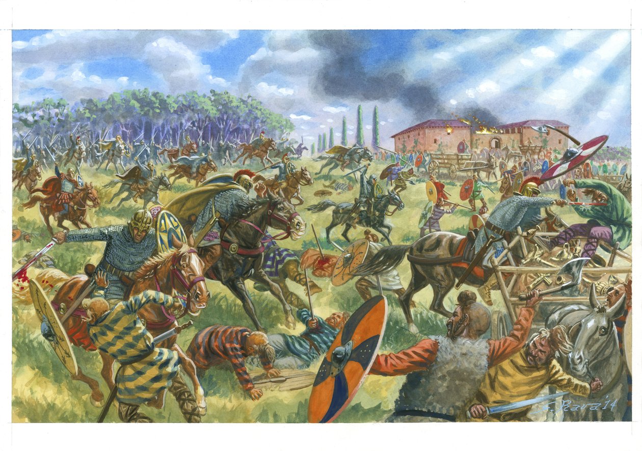 Rzymska kawaleria walczy z armią Franków autorstwa Giuseppe Rava