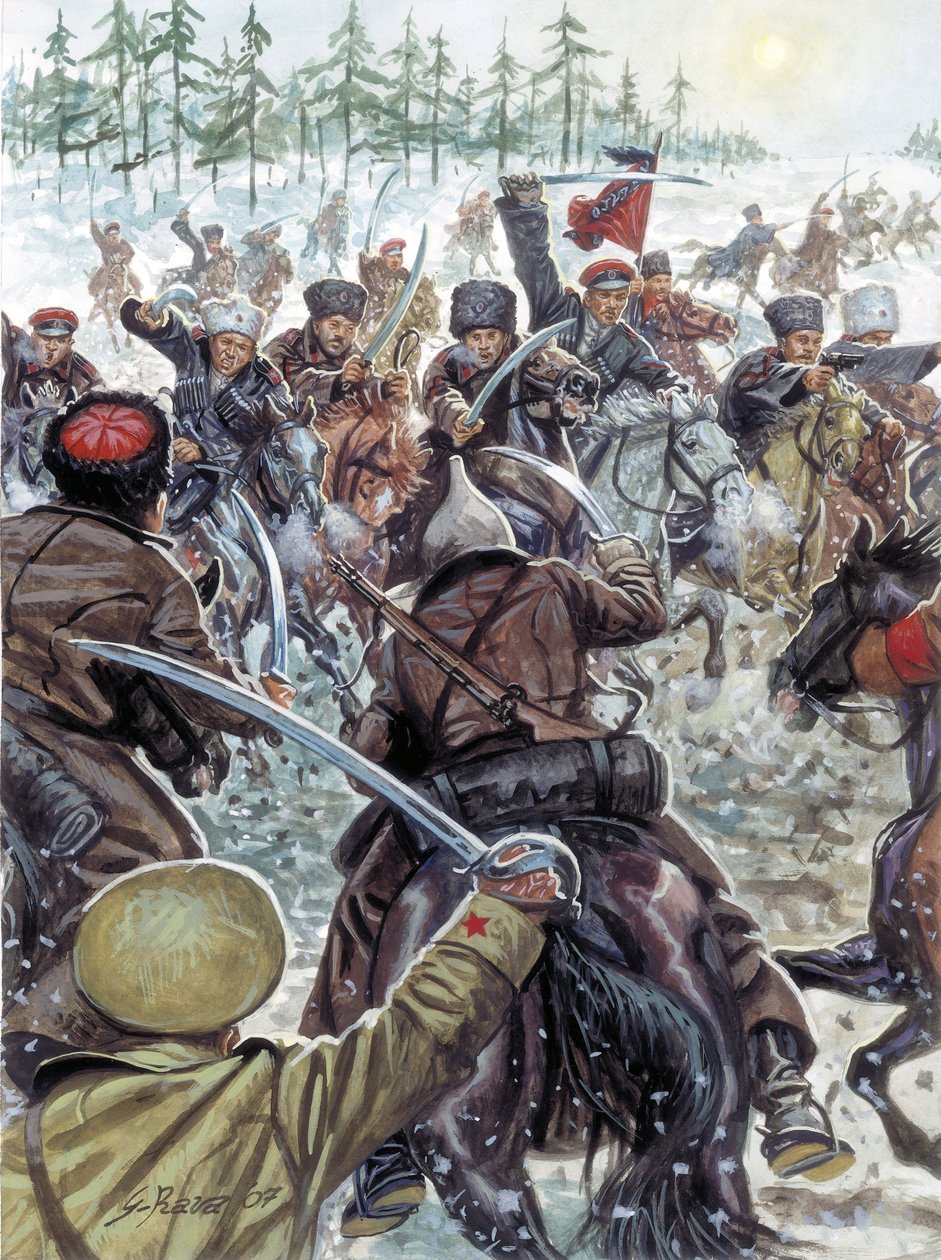 Rosyjska wojna domowa (1917-1923): Żołnierze Kaukazu u boku białej armii w 1919 roku - Rosyjska wojna domowa: Kozacy walczący z białą armią rosyjską w 1919 roku - Ilustracja Giuseppe Rava autorstwa Giuseppe Rava