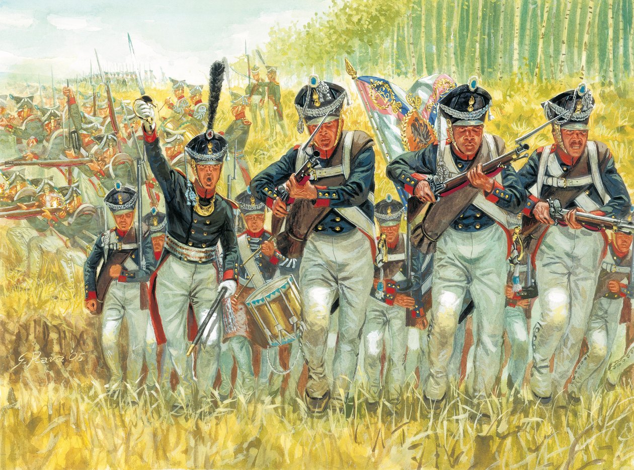 Kampania rosyjska: Rosyjska piechota liniowa przeciwko armii Napoleona I (1769-1821) w 1812 roku - Francuska inwazja na Rosję: Rosyjska piechota cesarska przeciwko wielkiej armii Napoleona I autorstwa Giuseppe Rava