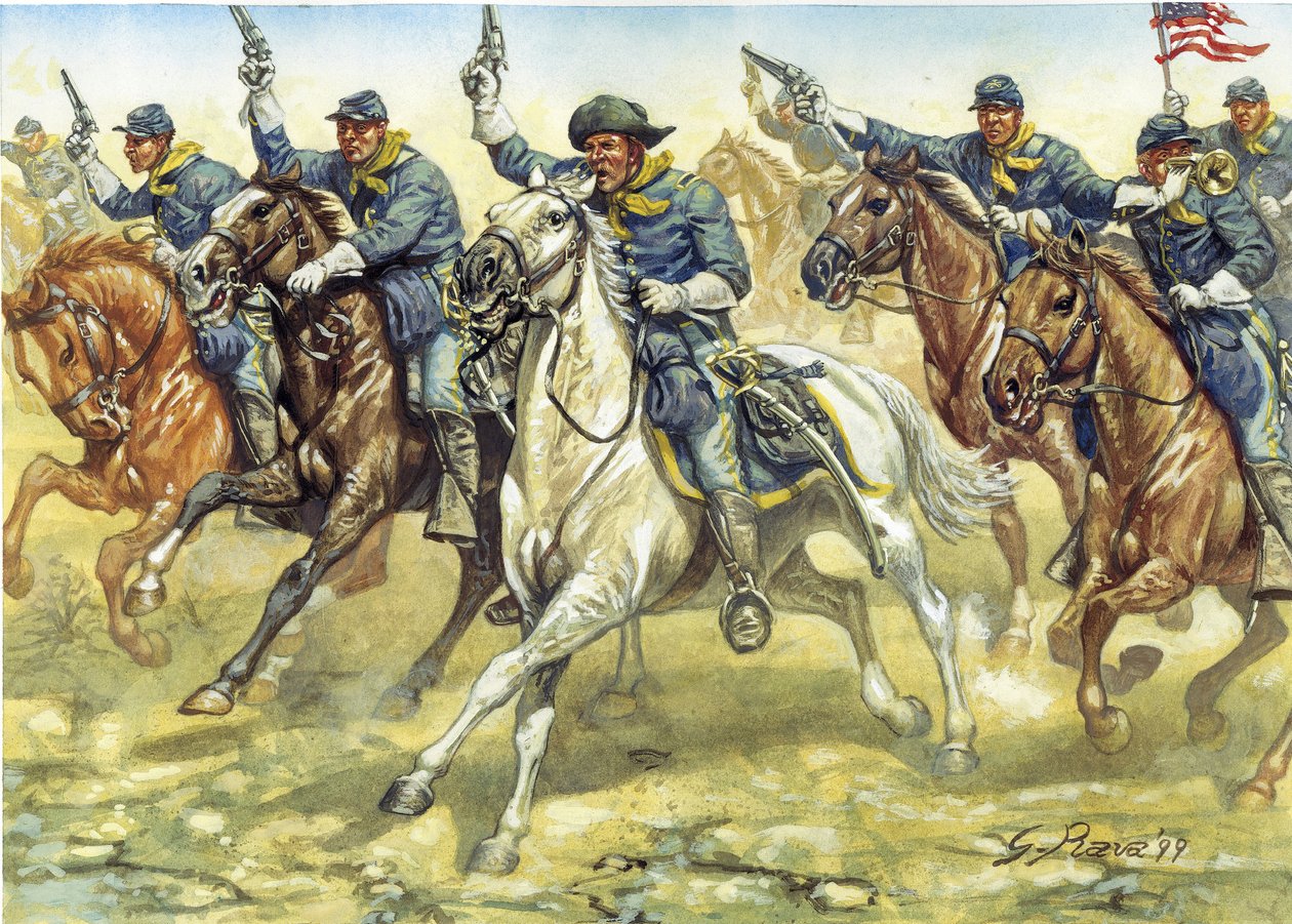Wojna secesyjna (1861-1865): żołnierze kawalerii Północy (Unia) podczas bitwy - Amerykańska wojna domowa: żołnierze kawalerii Północy (Unia) podczas bitwy - Ilustracja autorstwa Giuseppe Rava autorstwa Giuseppe Rava