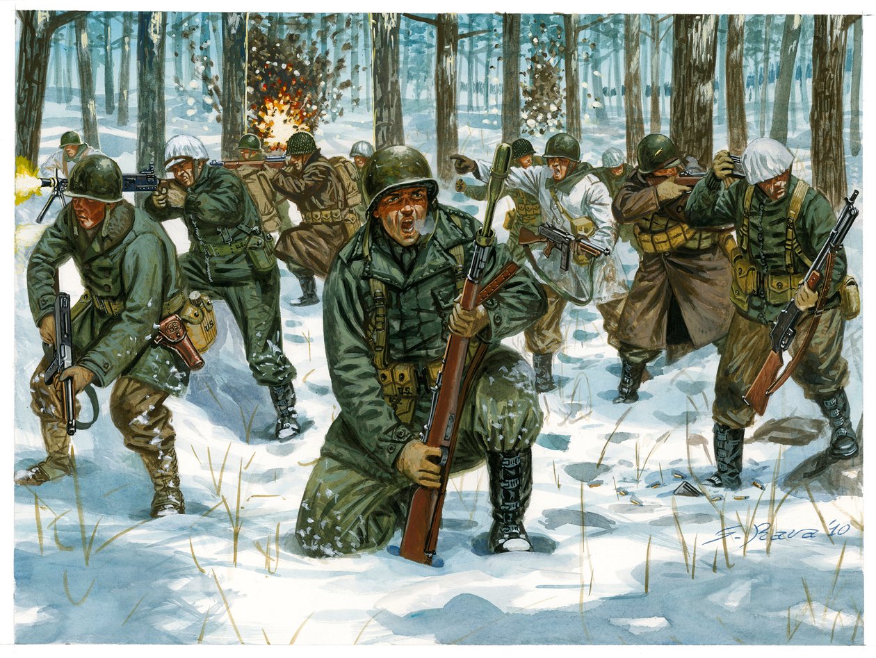 II wojna światowa: amerykańska ofensywa piechoty w bitwie o Ardeny w Bastogne, grudzień 1944 r. - II wojna światowa: amerykańska ofensywa podczas bitwy o wybrzuszenie, grudzień 1944 r. - Ilustracja autorstwa Giuseppe Ravy autorstwa Giuseppe Rava