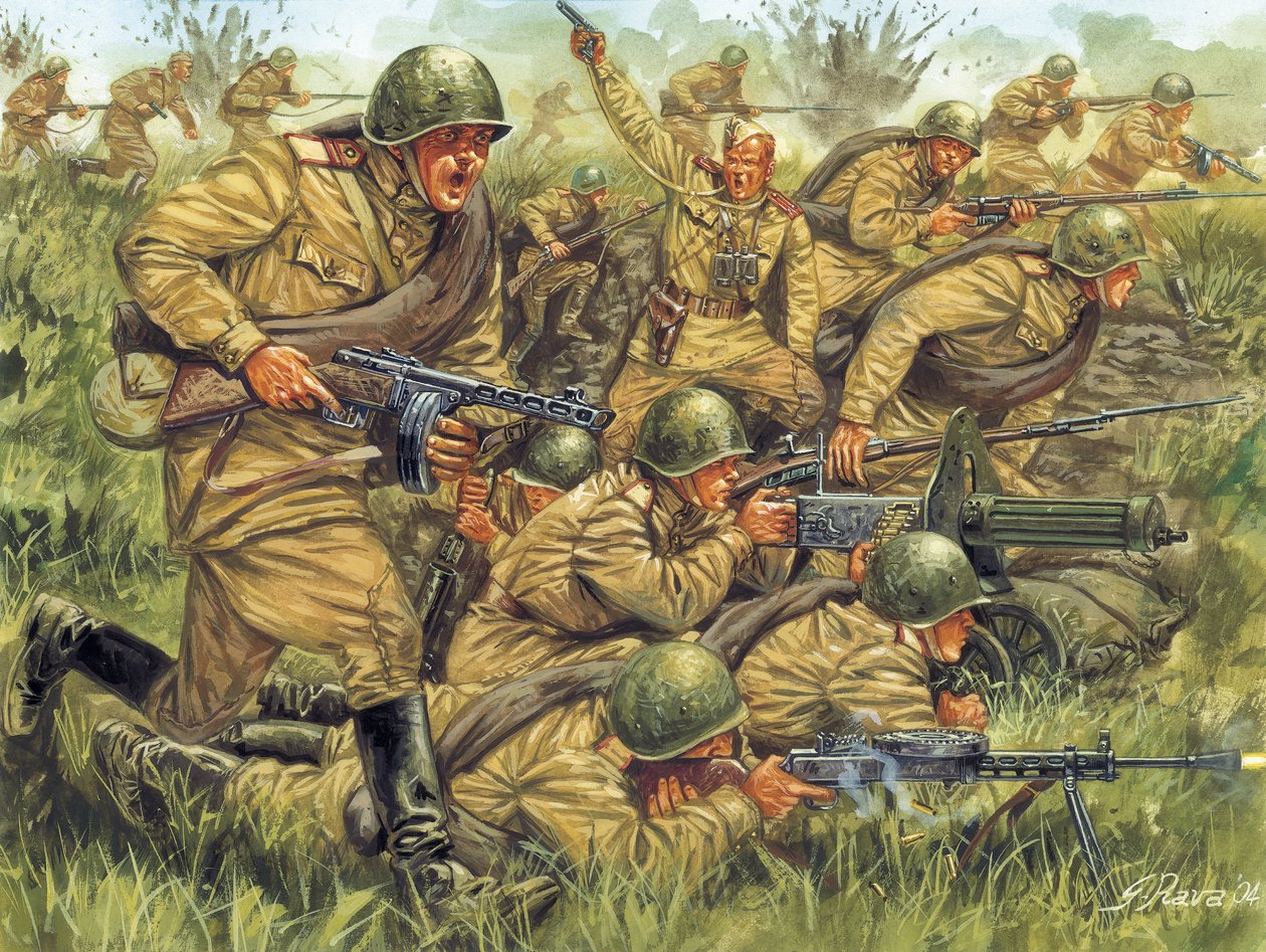 II wojna światowa: szturm rosyjskiej piechoty w lekkich mundurach - II wojna światowa: rosyjscy żołnierze w letnich mundurach - Ilustracja Giuseppe Rava autorstwa Giuseppe Rava