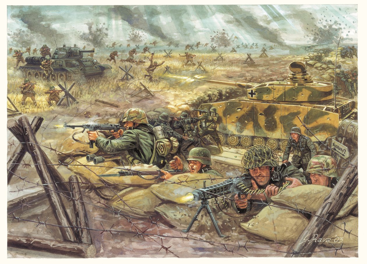 II wojna światowa: Bitwa pod Kurskiem w 1943 roku pomiędzy siłami niemieckimi i radzieckimi - II wojna światowa: Bitwa pod Kurskiem między siłami niemieckimi i radzieckimi w 1943 roku - Ilustracja autorstwa Giuseppe Rava autorstwa Giuseppe Rava