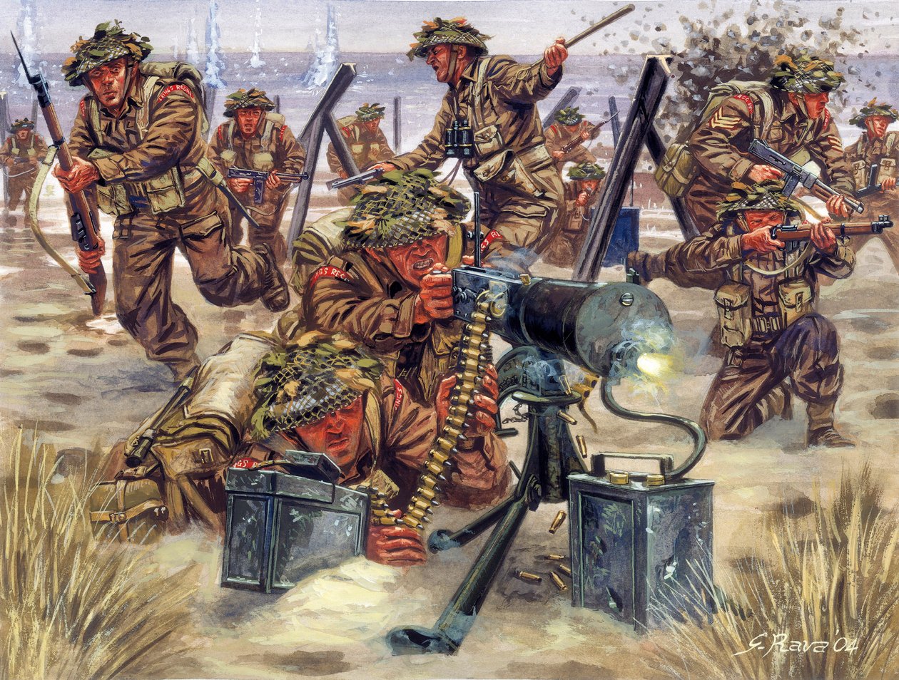 II wojna światowa: Lądowanie w Normandii w czerwcu 1944 roku, angielscy żołnierze - II wojna światowa: Lądowanie w Normandii, wojska brytyjskie, 6 czerwca 1944 - Ilustracja Giuseppe Rava autorstwa Giuseppe Rava