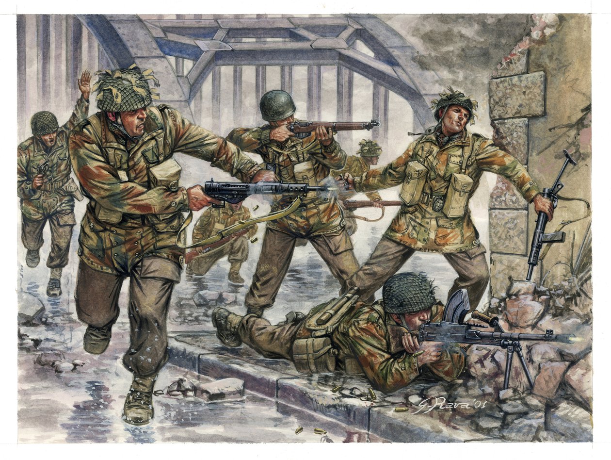 II wojna światowa: angielscy spadochroniarze o pseudonimie "Czerwone Diabły" podczas operacji Market Garden w Holandii we wrześniu 1944 r. - II wojna światowa: Operacja Market Garden, brytyjscy spadochroniarze znani jako czerwone diabły, we wrześniu 1944 r autorstwa Giuseppe Rava