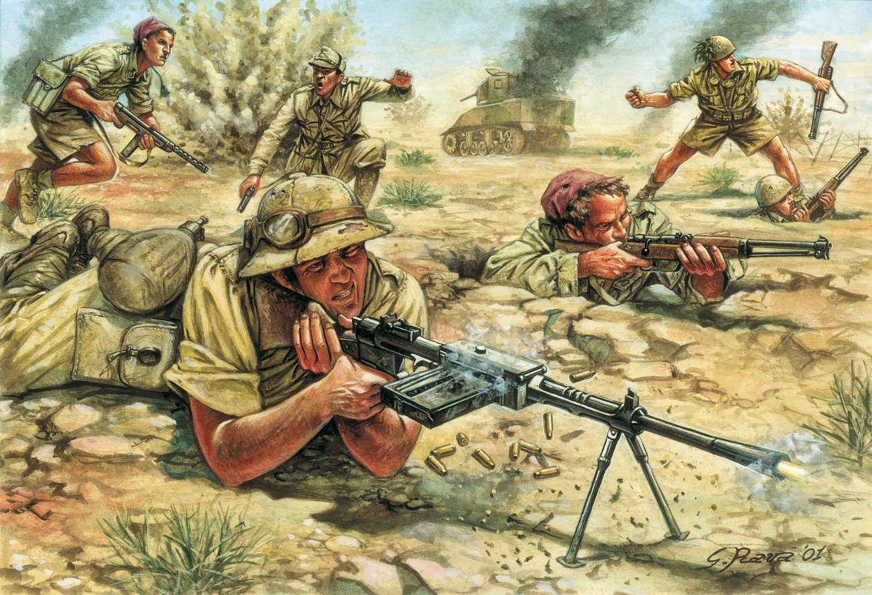 II wojna światowa: żołnierze armii włoskiej (piechota i bersalierzy) w Libii podczas włoskiej okupacji w latach 1934-1943 - II wojna światowa: włoscy bersalierzy i piechota podczas włoskiej okupacji Libii autorstwa Giuseppe Rava