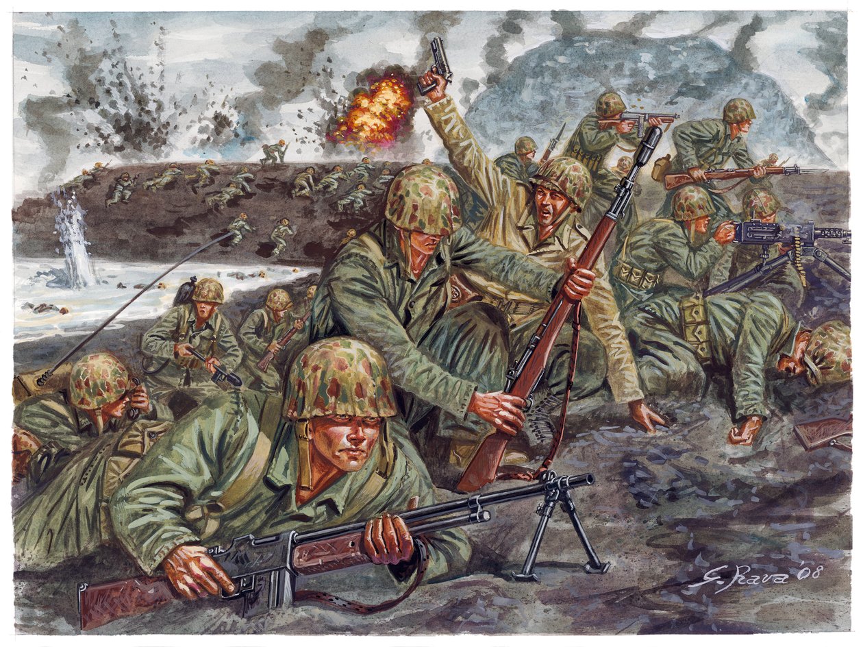 II wojna światowa, wojna na Pacyfiku: Wyokrętowanie 19.02.1945 amfibii piechoty morskiej podczas bitwy o Iwo Jimę w Japonii - II wojna światowa, wojna na Pacyfiku: Bitwa o Iwo Jimę (operacja "Detachment"), desant amfibii piechoty morskiej USA 19 lutego 194 autorstwa Giuseppe Rava