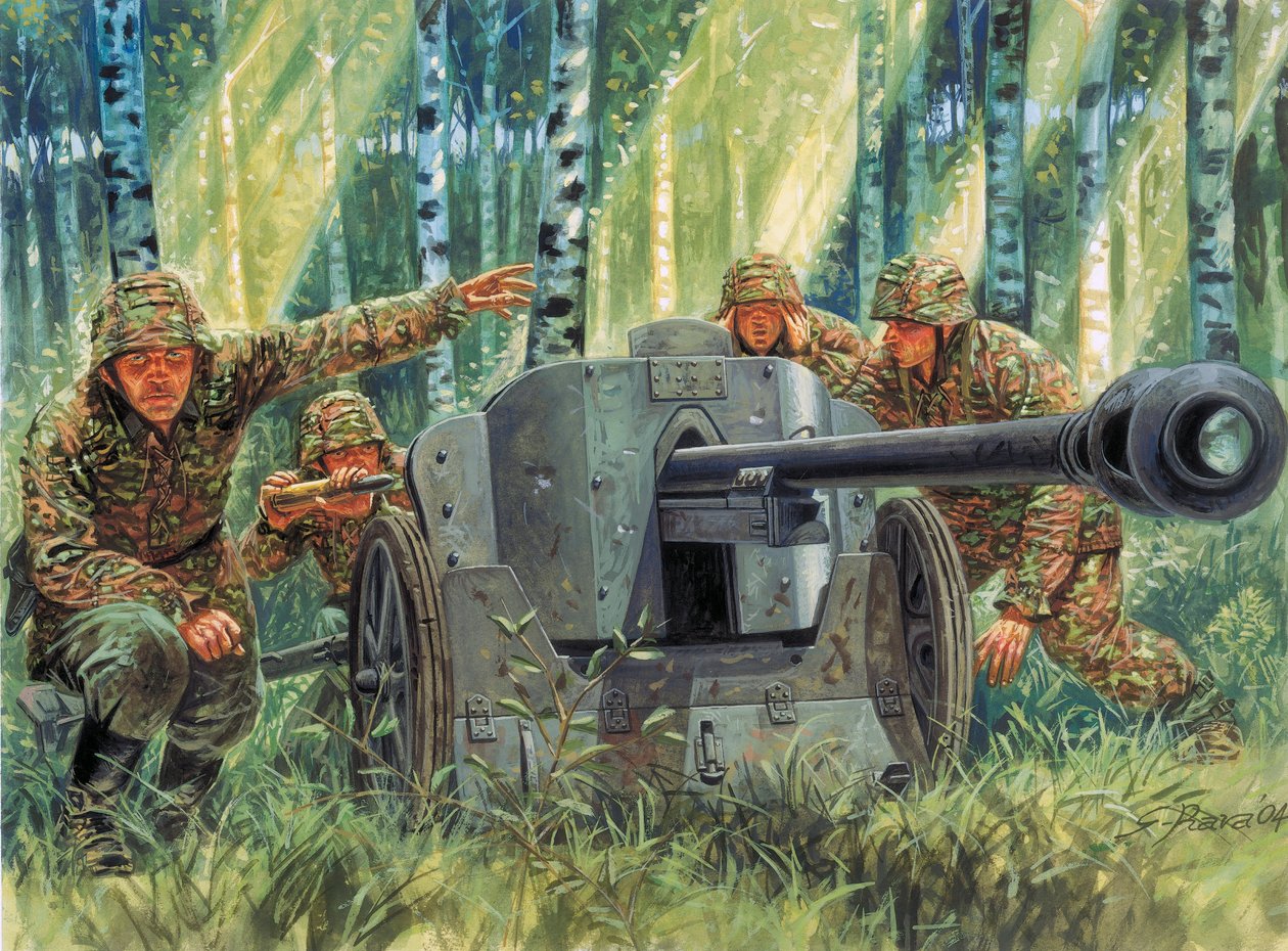 II wojna światowa: Panzerabwehrkanone 38 lub Pak 38, niemieckie działo przeciwpancerne - II wojna światowa: 5 cm Pak 38, niemieckie działo przeciwpancerne kalibru 50 mm - Ilustracja autorstwa Giuseppe Rava autorstwa Giuseppe Rava