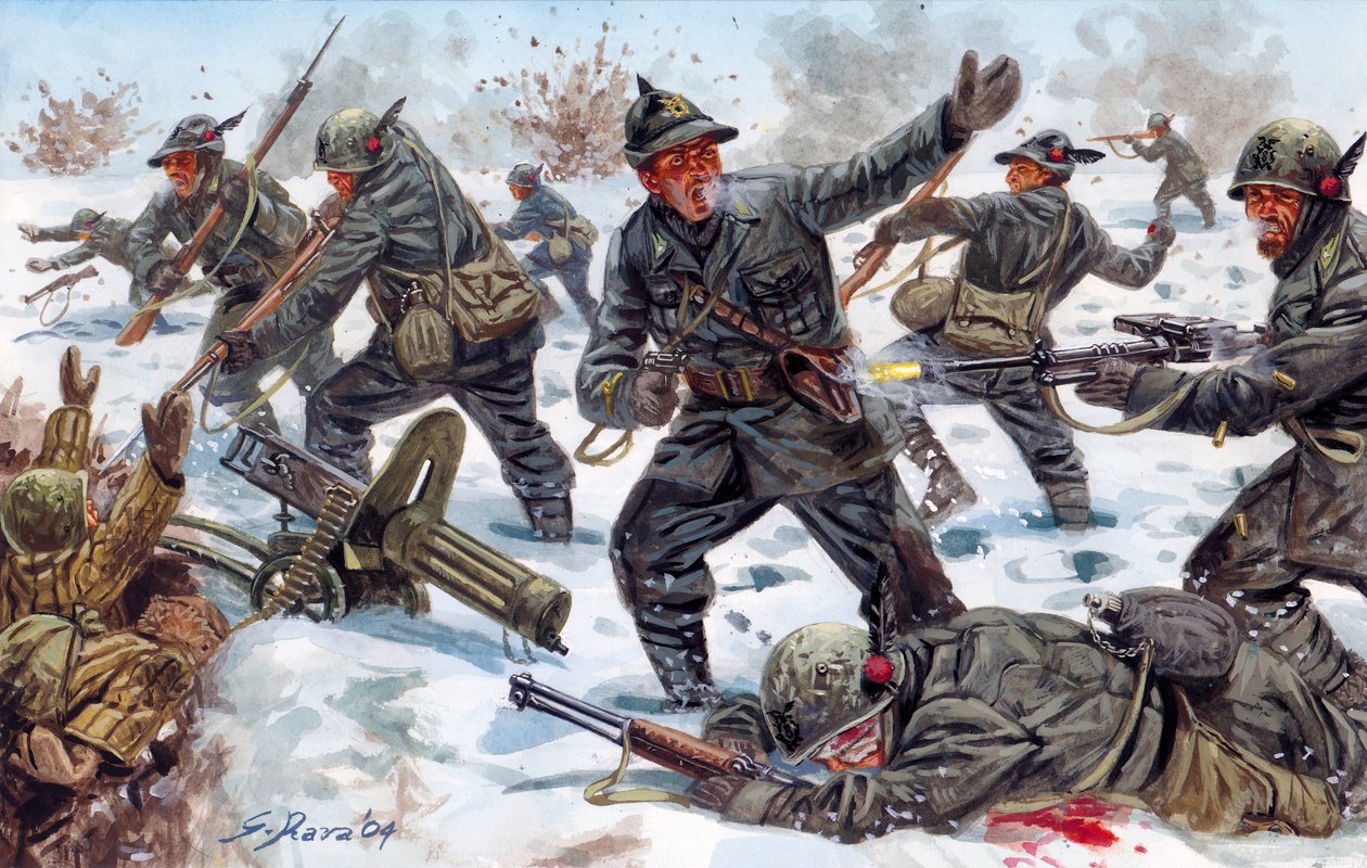 Druga wojna światowa, front rosyjski: Włoscy myśliwi alpejscy w Rosji w styczniu 1943 roku - II wojna światowa, front rosyjski: włoscy myśliwi alpejscy w Rosji, styczeń 1943 - Ilustracja autorstwa Giuseppe Rava autorstwa Giuseppe Rava