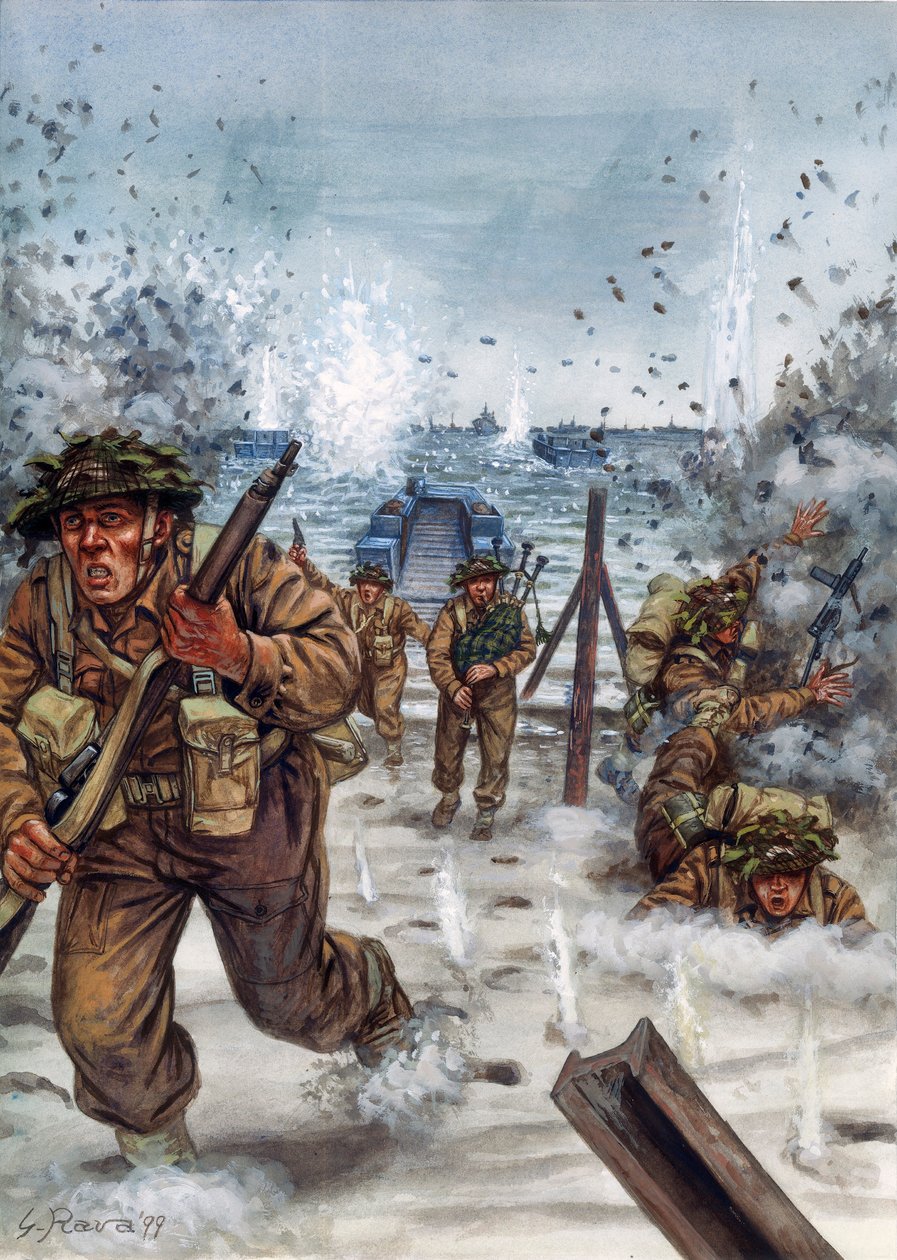 II wojna światowa: Szkoccy żołnierze podczas lądowania w Normandii 6/06/1944 - II wojna światowa, dzień D: Szkoccy żołnierze w dniu lądowania w Normandii, 6 czerwca 1944 - Ilustracja Giuseppe Rava autorstwa Giuseppe Rava