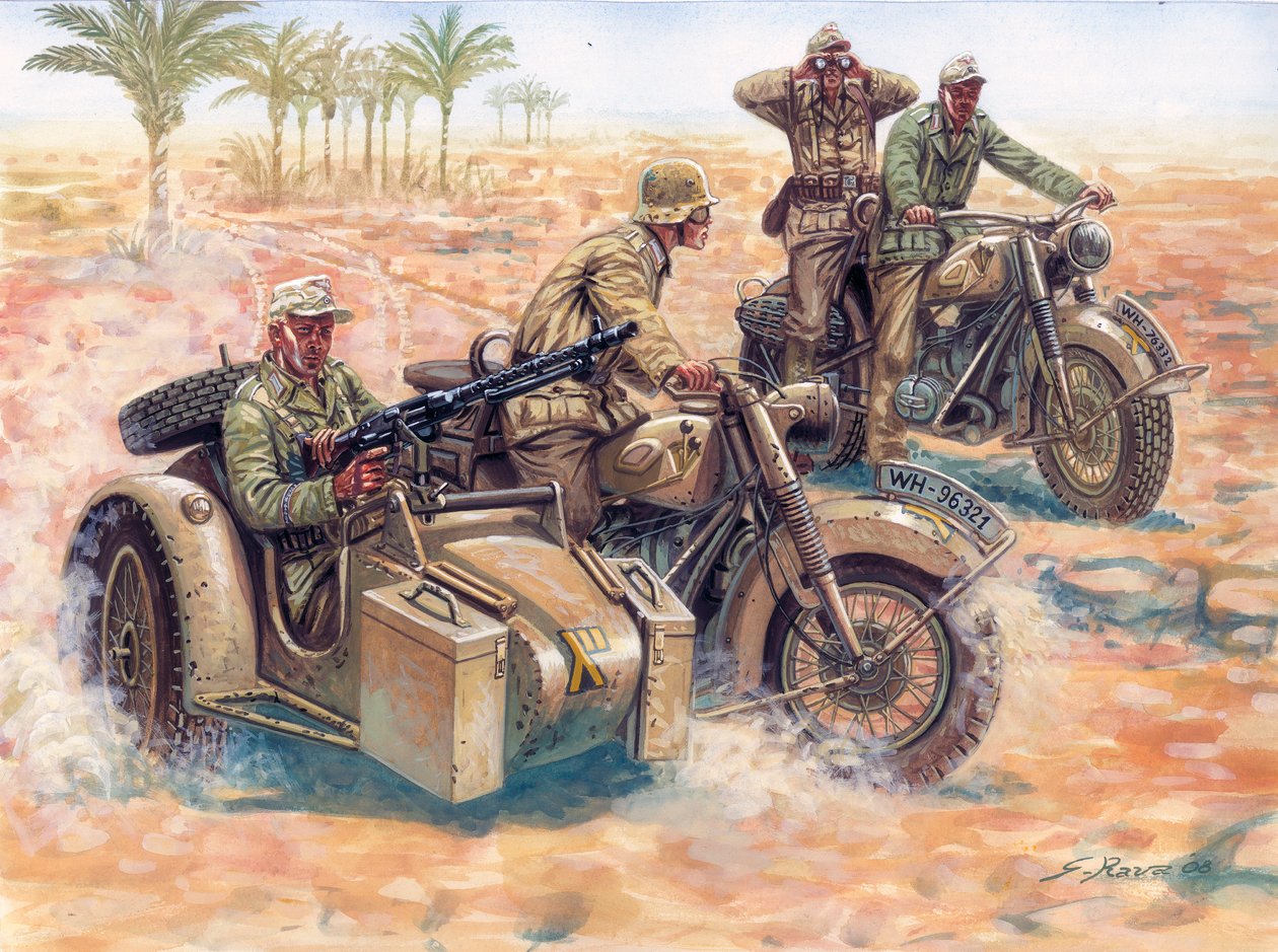 Druga wojna światowa: Deutsches Afrikakorps (DAK Afrika Korps)) toczący się po libijskiej pustyni na wózkach bocznych BMW autorstwa Giuseppe Rava